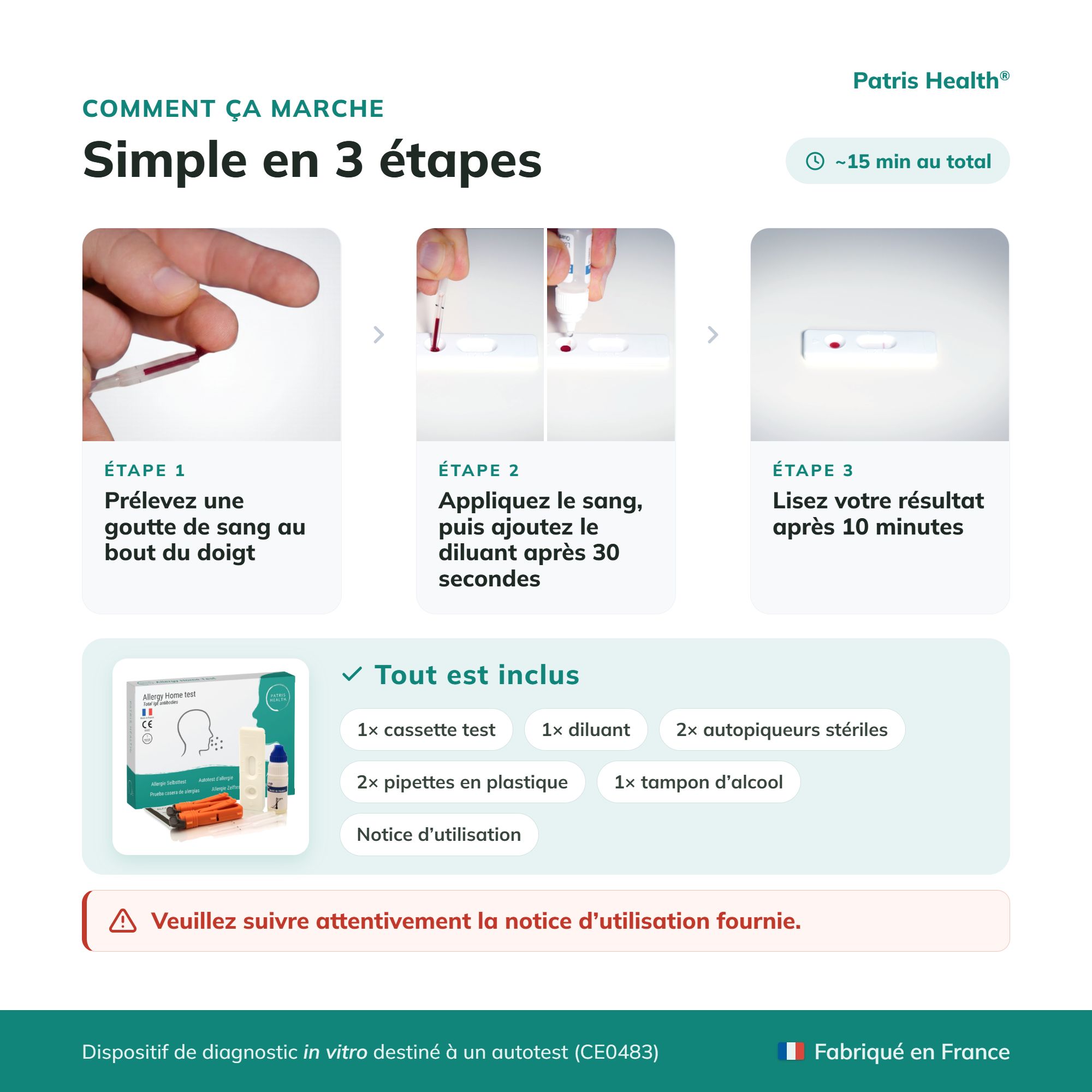 Instructions pour réaliser le test rapide d'allergie en 3 étapes et composants inclus.