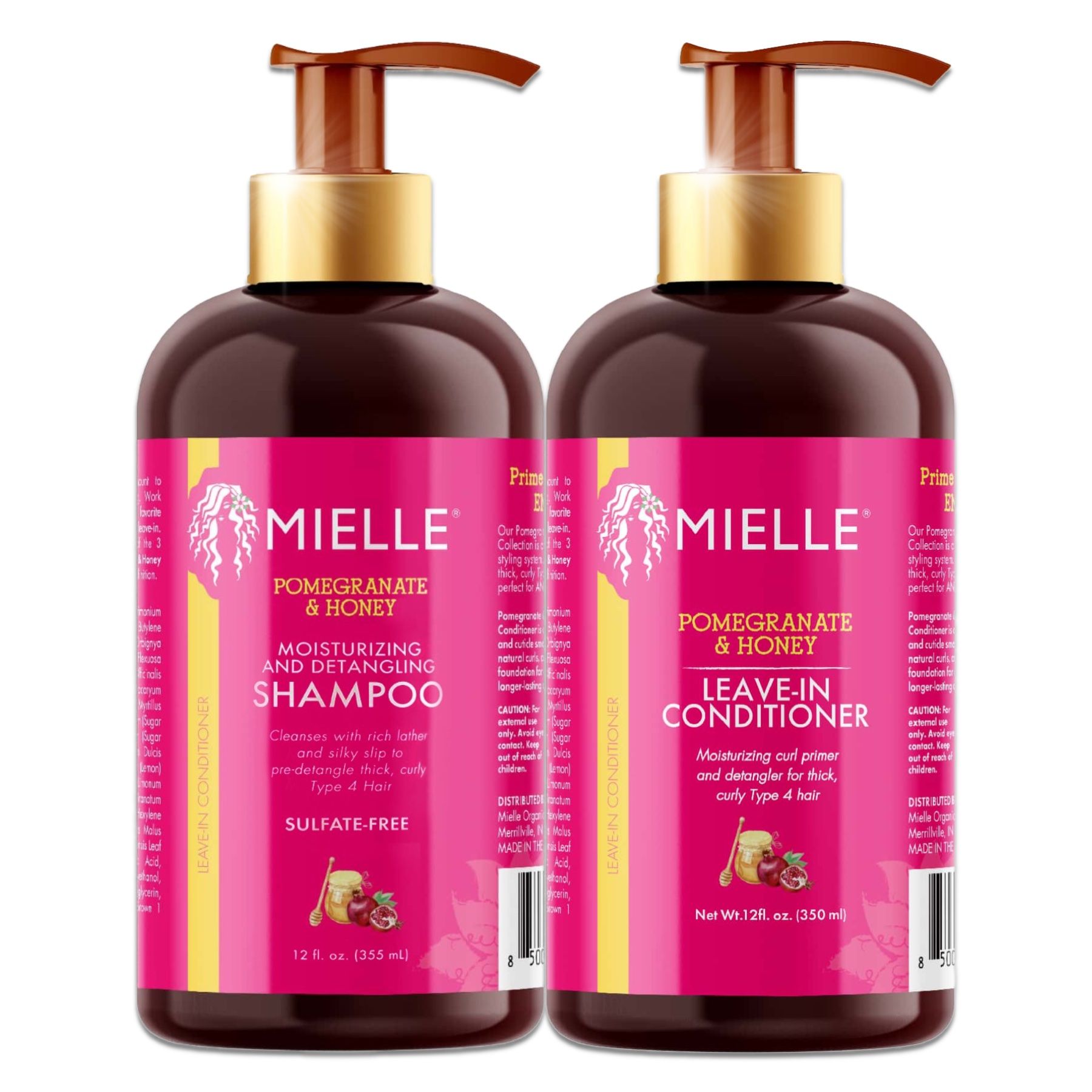 Deux bouteilles de shampooing et revitalisant Mielle Organics. Étiquettes roses avec texte et illustrations.