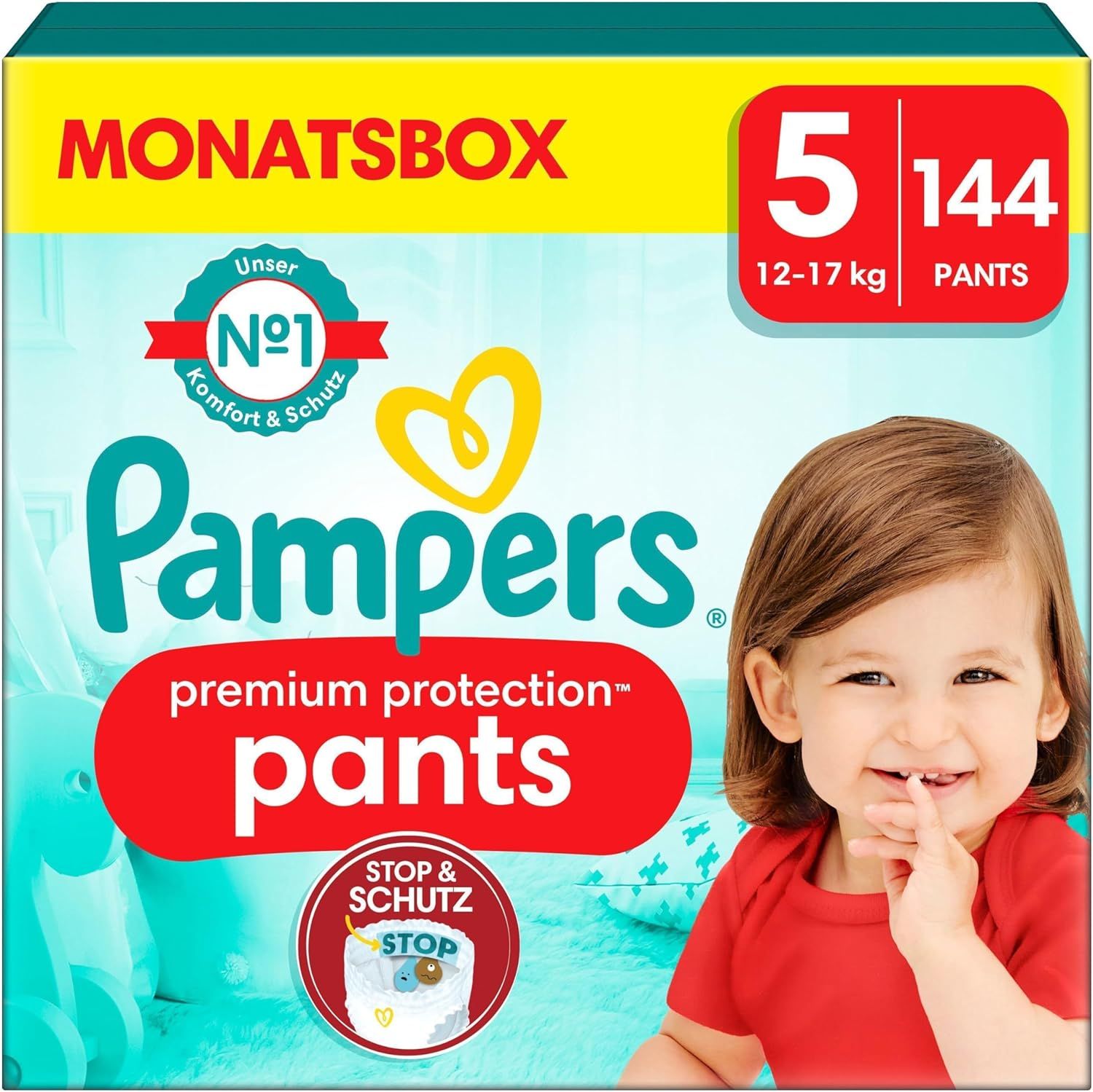 Pampers Pants taille 5, 144 pièces. Emballage avec bébé. Inscription : Premium Protection, confort et protection. Taille 12-17 kg.