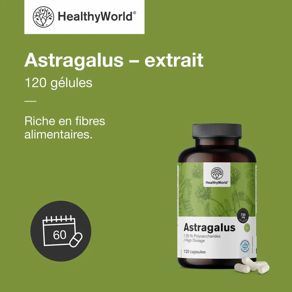 Bouteille d'extrait d'Astragale, à côté d'une femme yeux fermés et d'un symbole de calendrier.