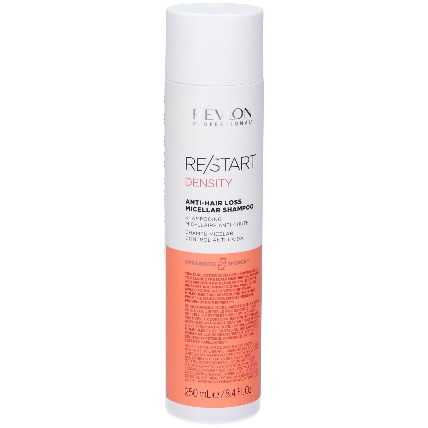 Flacon de shampooing blanc et rose. Texte: RE/START Density, Shampooing Micellaire Anti-Chute. 250ml.