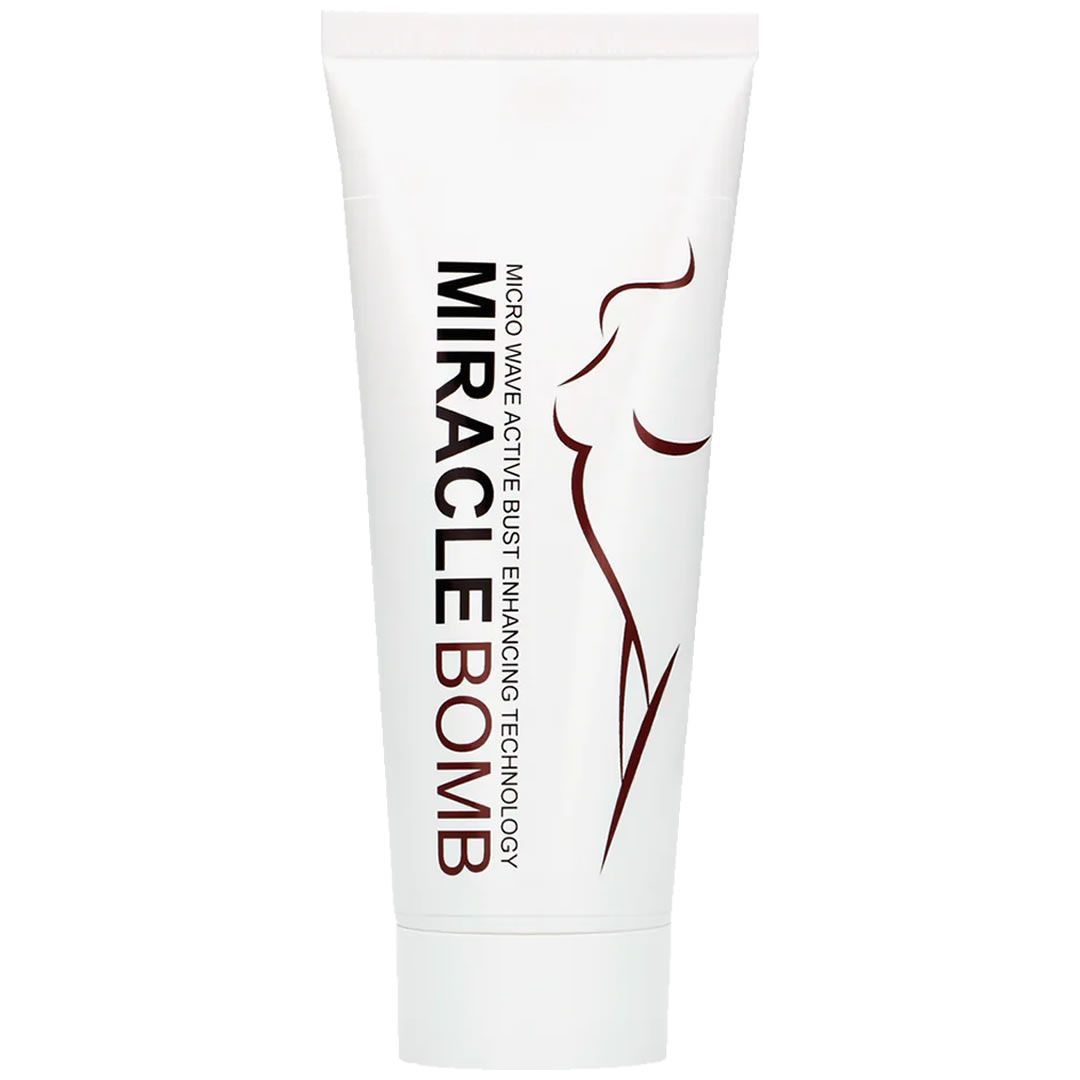 Witte tube met bruine tekst MIRACLE BOMB en vrouwenomtrek. Tekst: Micro Wave Active Bust Enhancing Technology.