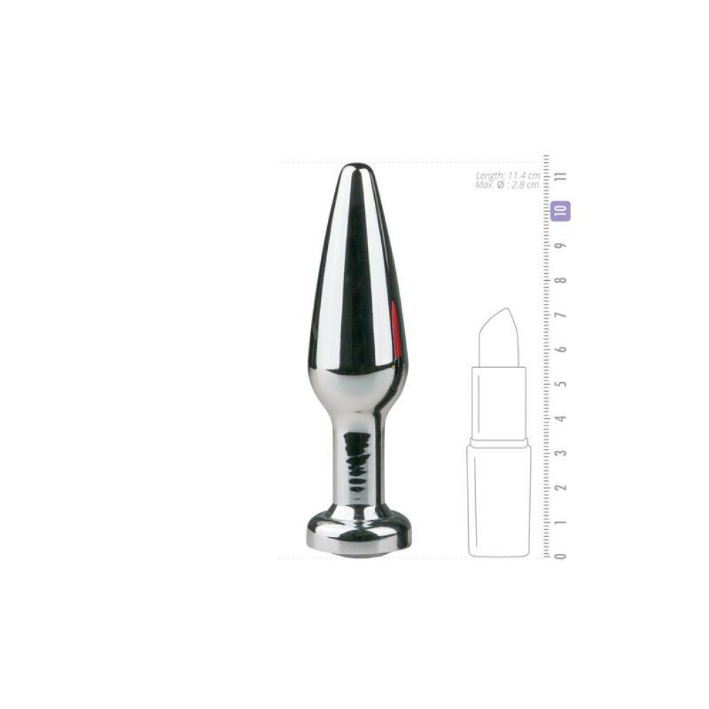 Plug anal argenté, conique. Dimensions : 11,4 cm de long, max. Ø 2,8 cm. Comparaison avec un rouge à lèvres.