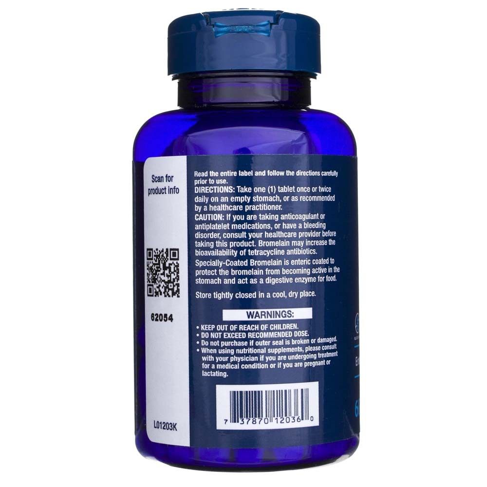 Arrière d'une bouteille bleue avec les instructions d'utilisation, les avertissements et le code-barres du Life Extension Bromélaïne.