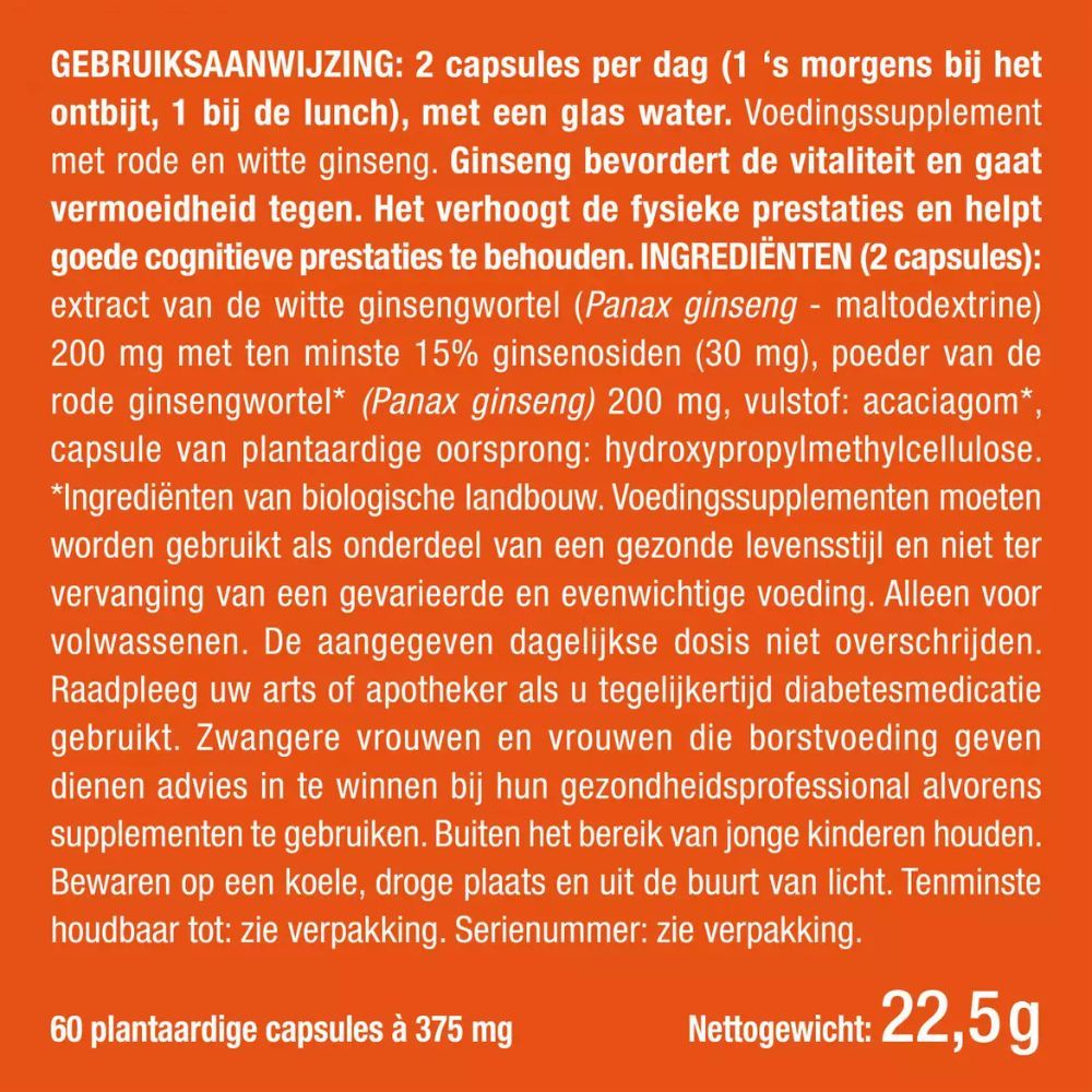Tekst: Gebruiksaanwijzing. 2 capsules per dag. Ingrediënten: ginsengextract. 60 capsules. Nettogewicht: 22,5g.