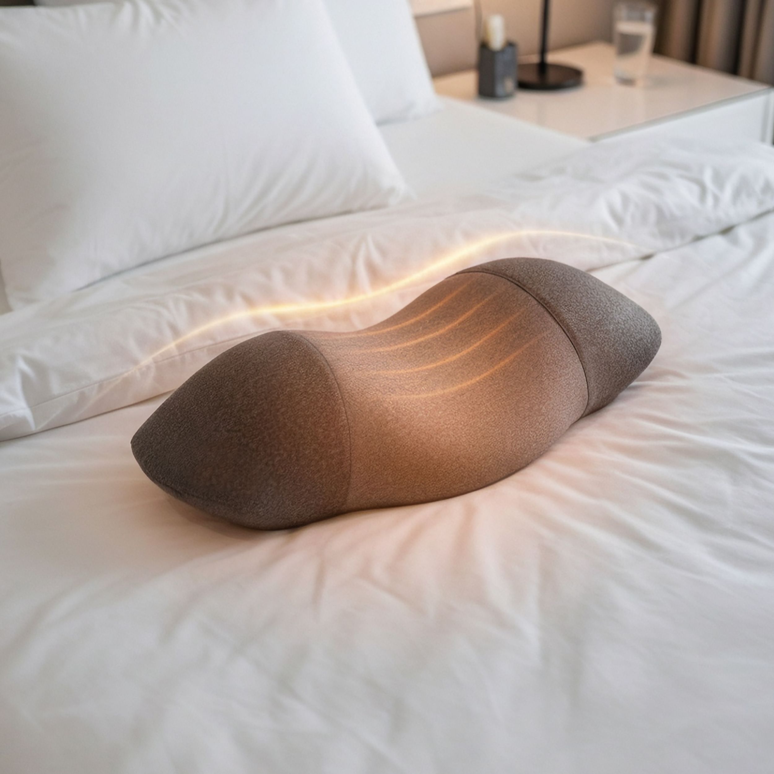 Grijs nekkussen op een bed. Ergonomische vorm met twee grijstinten.