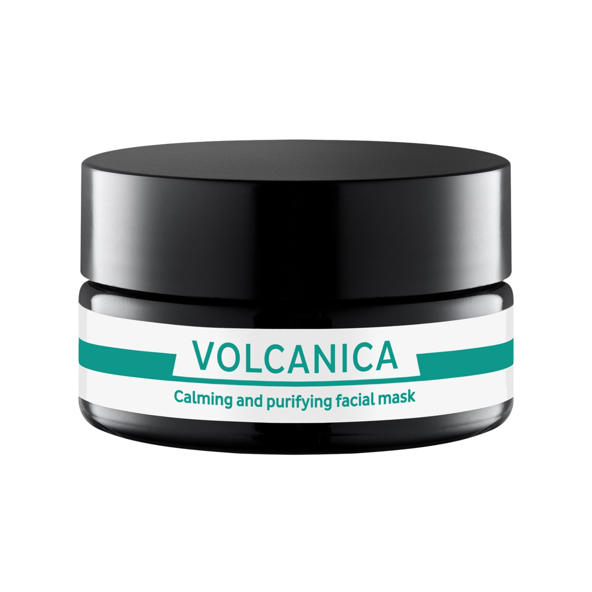 Donkere pot met wit etiket en groene accenten. Opschrift: VOLCANICA, Calming and purifying facial mask.
