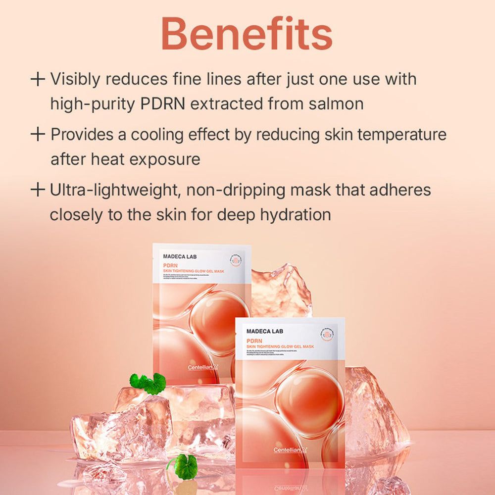 Avantages du masque gel raffermissant PDRN Madeca Lab, mis en évidence par du texte.