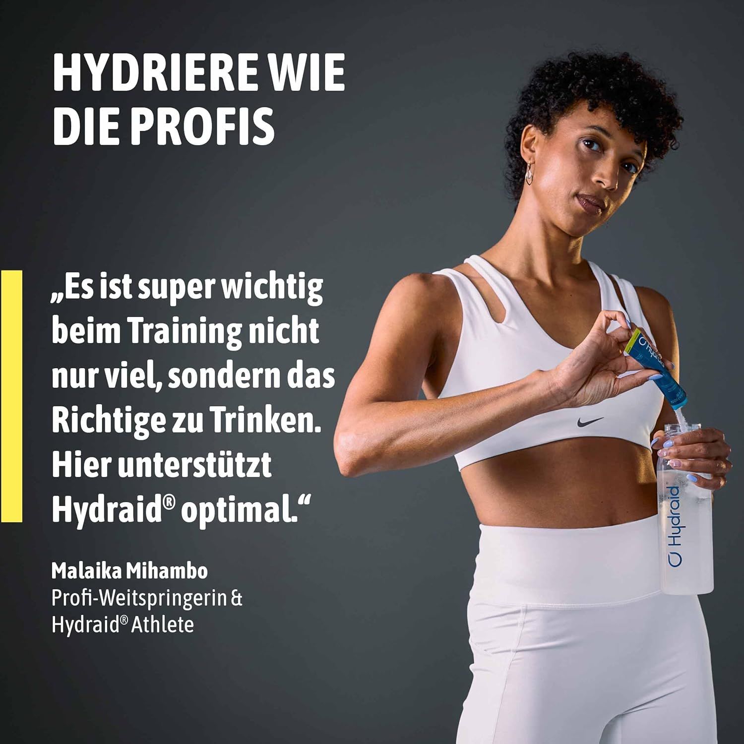 Athlète Malaika Mihambo verse un stick Hydraid dans une gourde. "Hydraid soutient de manière optimale."