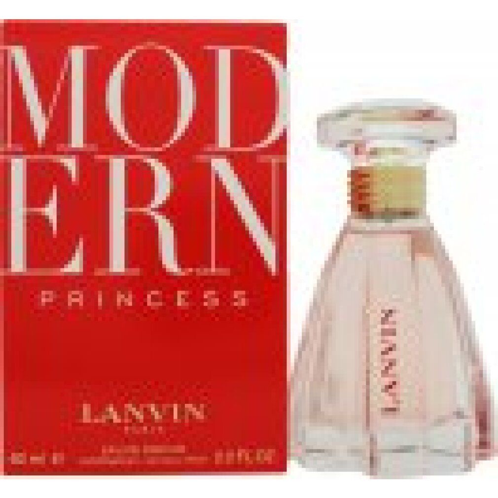 Parfumfles en doos. Fles met transparante dop en roze vloeistof. Rode doos met witte tekst: MODERN PRINCESS, LANVIN PARIS.
