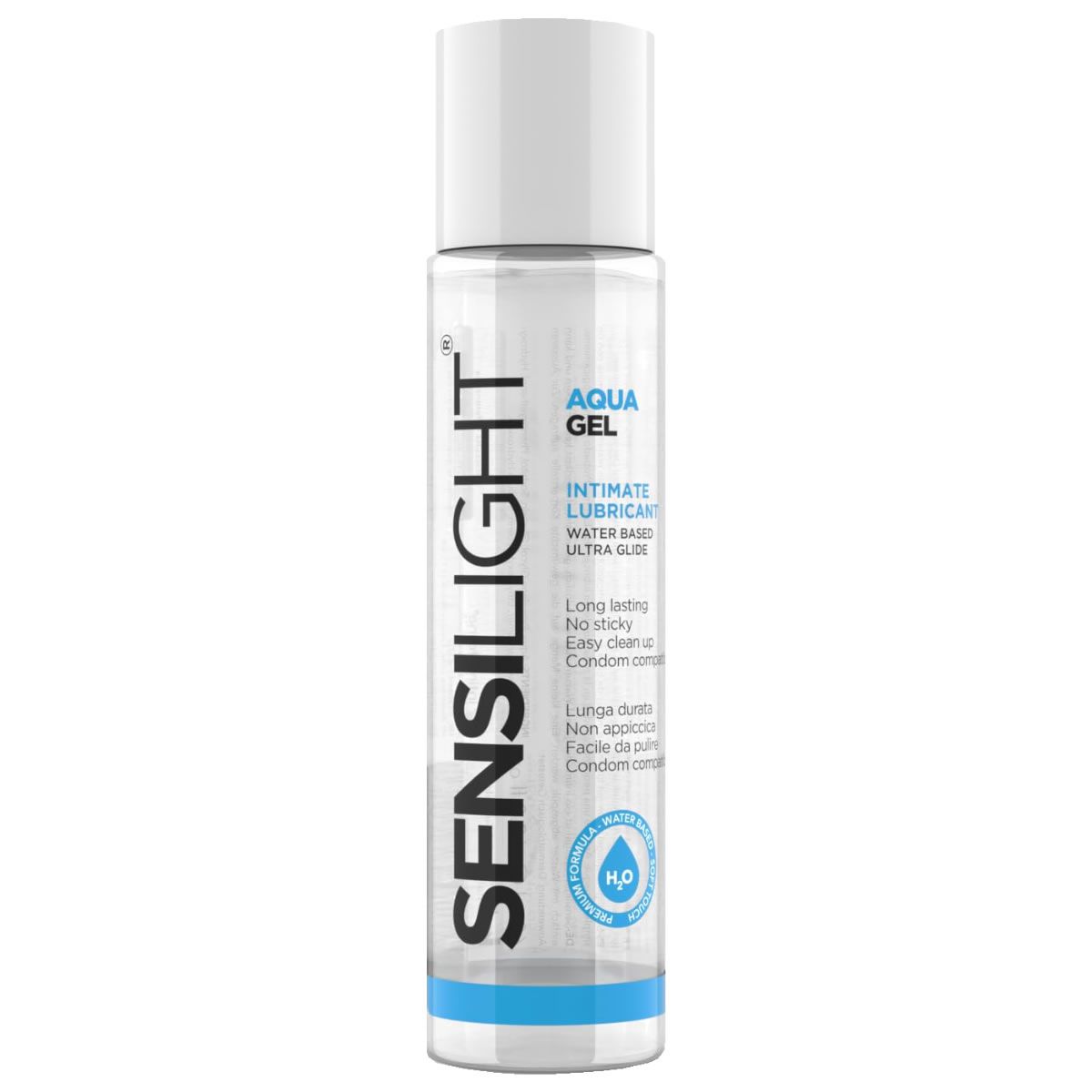 Flacon cylindrique avec bouchon blanc. Inscription : Sensilight, Aqua Gel, Intimate Lubricant, Water Based Ultra Glide.