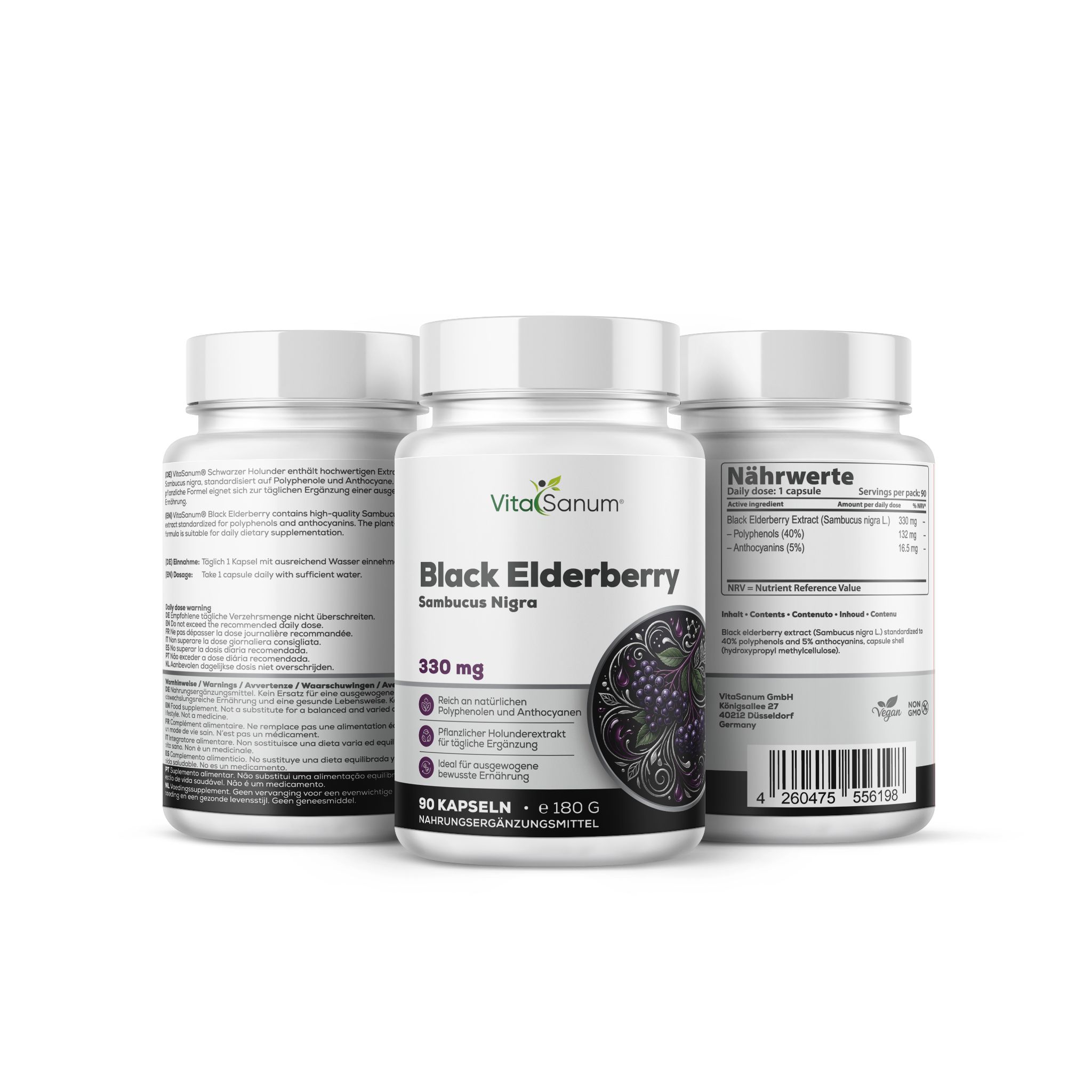 VitaSanum® Zwarte Vlier Capsules, 330 mg, 90 stuks, met voedingswaardegegevens.