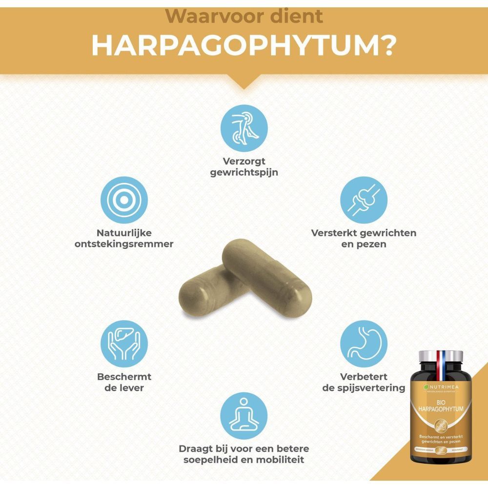 Grafiek met capsules en iconen. Tekst: "HARPAGOPHYTUM?". Iconen tonen voordelen. Fles rechts.