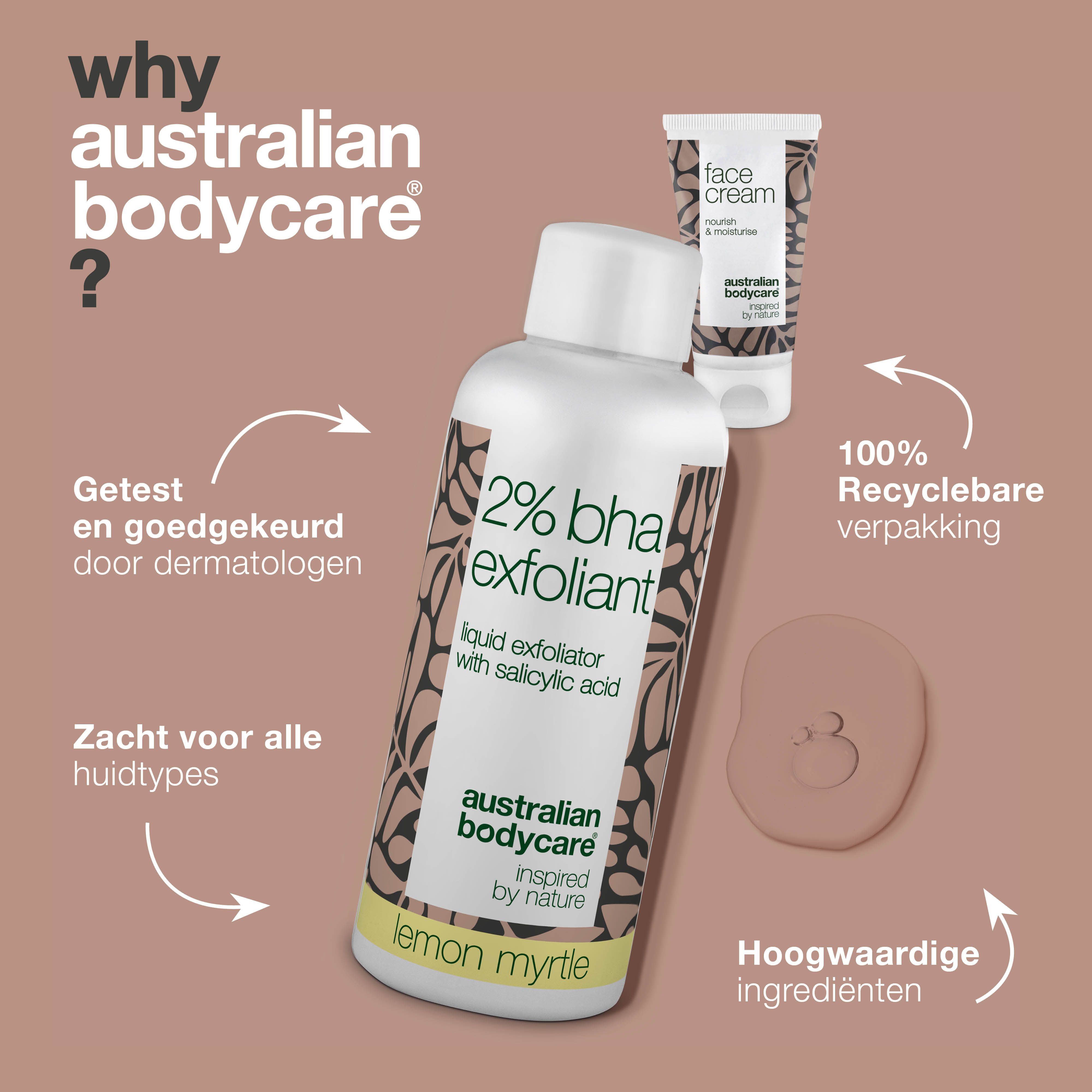Twee producten: 2% BHA Exfoliant en Face Cream. Tekst: Waarom Australian Bodycare? Voordelen.