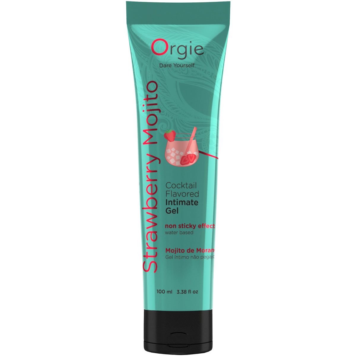 Turquoise tube met zwarte dop. Opschrift "Orgie", "Strawberry Mojito", "Cocktail Flavored Intimate Gel".
