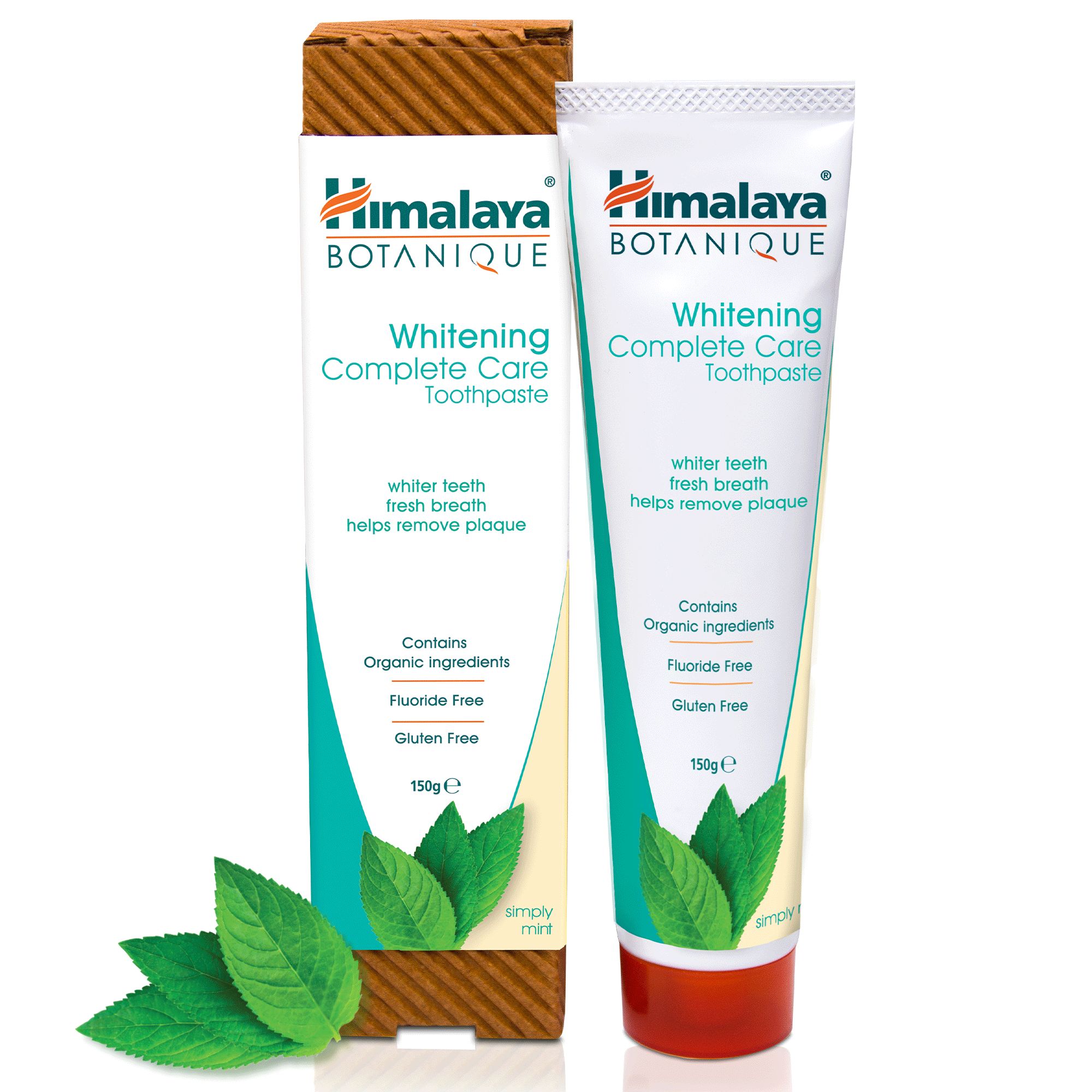 Tube et boîte de dentifrice Himalaya Botanique Whitening Complete Care. Ingrédients bio, sans fluor et sans gluten. Menthe.