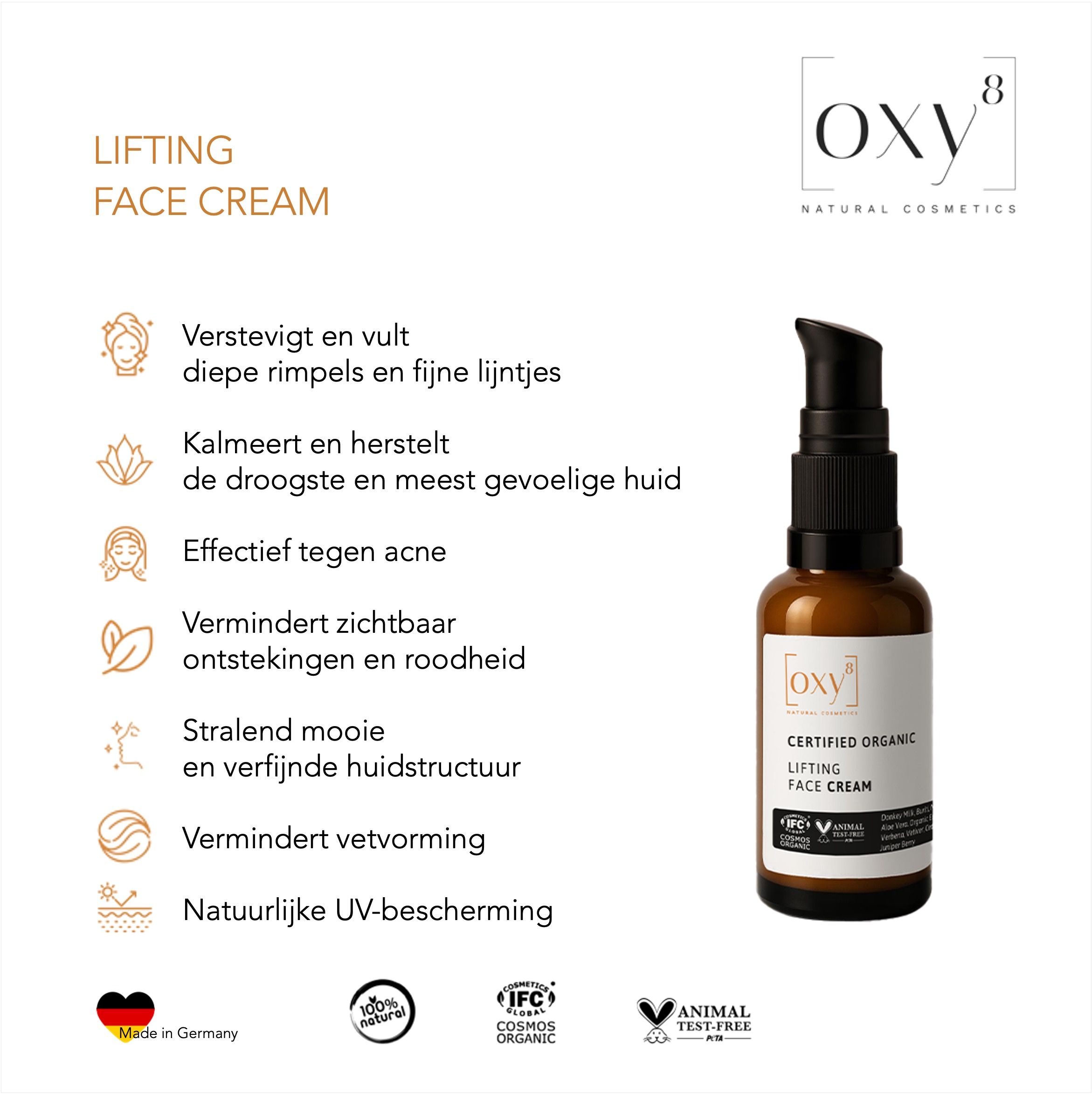 Fles met tekst en iconen. Tekst: Lifting Face Cream, oxy8. Iconen: rimpels, huid, acne, roodheid, huid, vet, UV-bescherming.