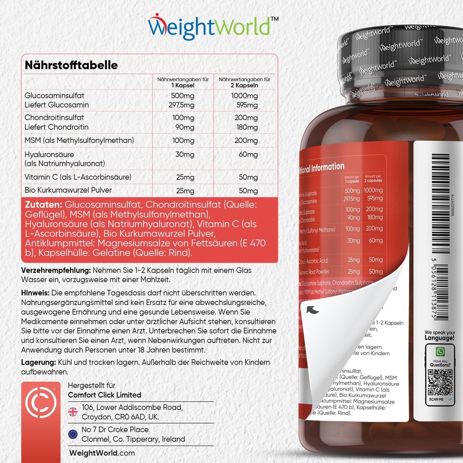Voedingstabel en informatie over ingrediënten. Flesje met capsules. Tekst: Comfort Click Limited, Croydon, UK. Websiteadres.