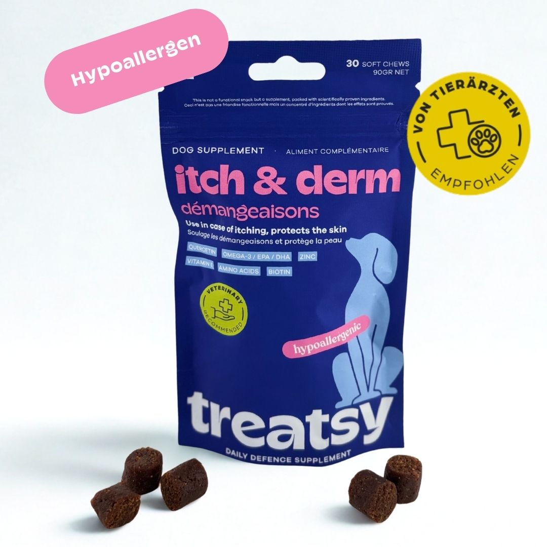Sachet bleu "itch & derm" et "Treatsy". Contient 30 friandises. Avec "Hypoallergénique" et logo vétérinaire.