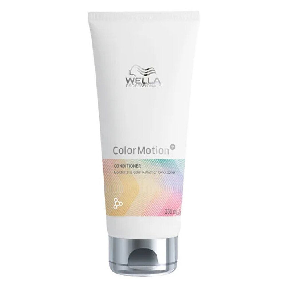 Tube blanche avec bouchon argenté. Inscription: Wella Color Motion Conditioner. Dégradé de couleurs et logo.