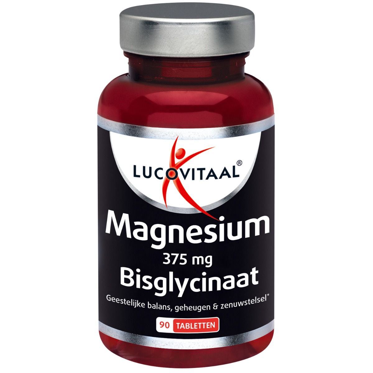 Rode fles met wit etiket. Opschrift: Magnesium 375 mg Bisglycinaat. 90 tabletten. Merk: Lucovitaal.