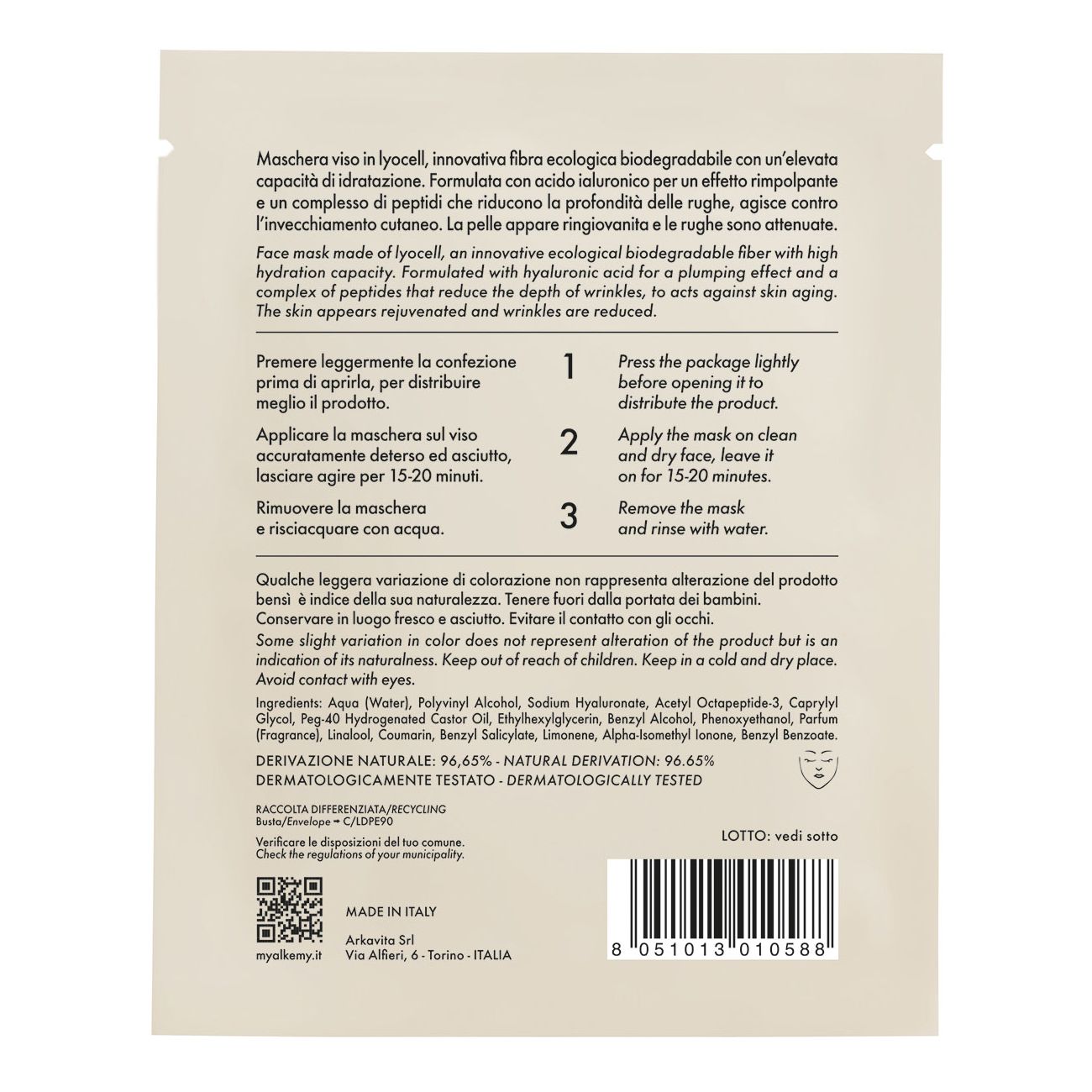 Arrière d'un sachet de masque facial Alkemy avec informations produit et instructions.