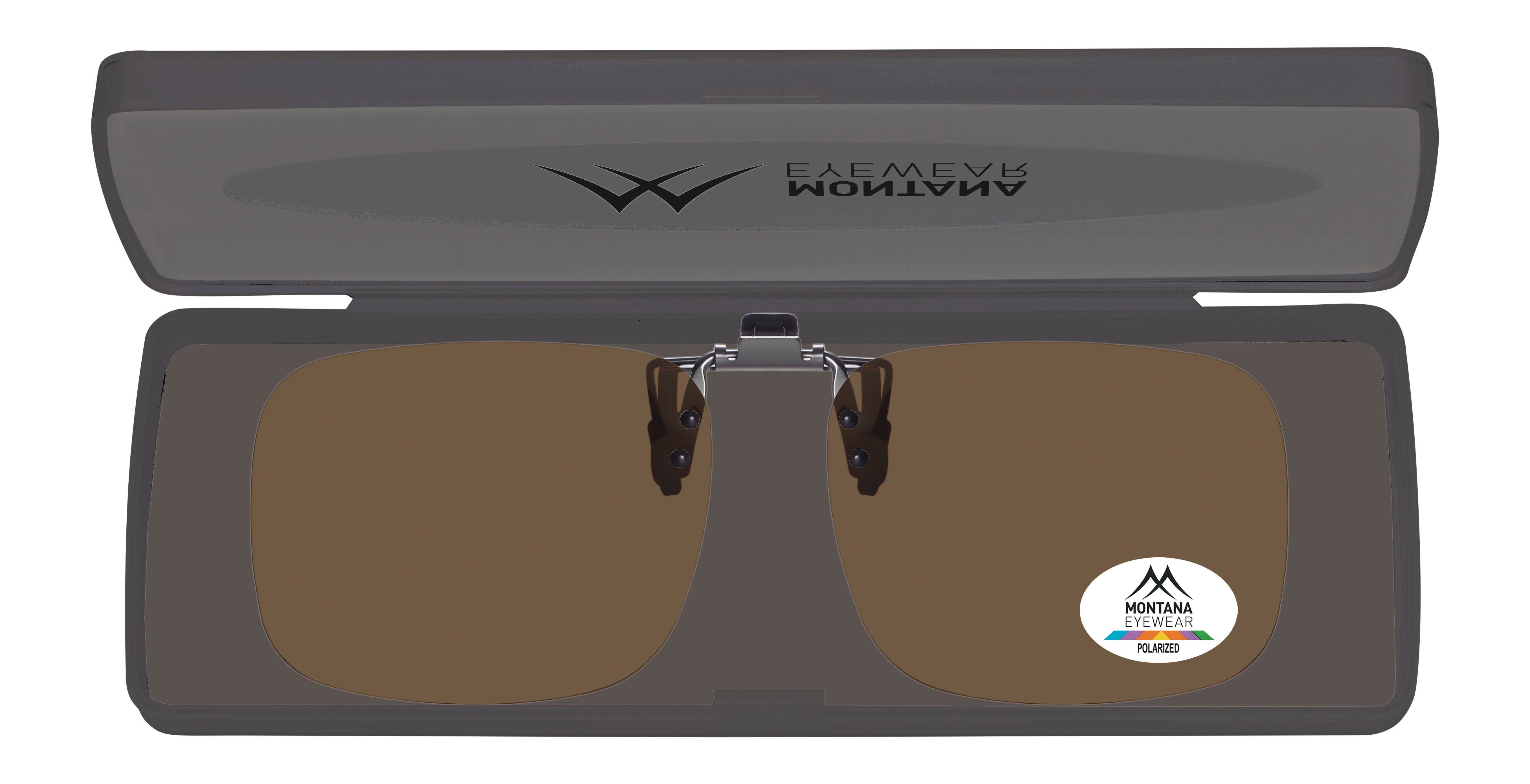 Montana Eyewear Tofino clip-on zonnebril in etui. Bruine glazen, zilveren clip. Logo.