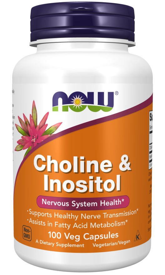 Witte fles met paarse dop. Opschrift: NOW, Choline & Inositol, 100 Veg Capsules. Bloemenontwerp.
