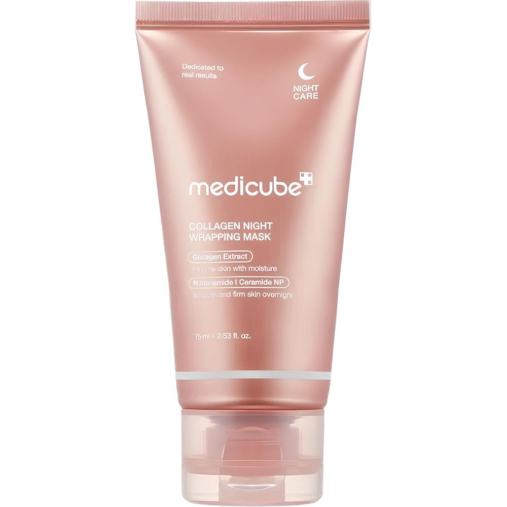 MEDICUBE Collagen Night Wrapping Mask tube. Roze tube met productnaam en ingrediënten.