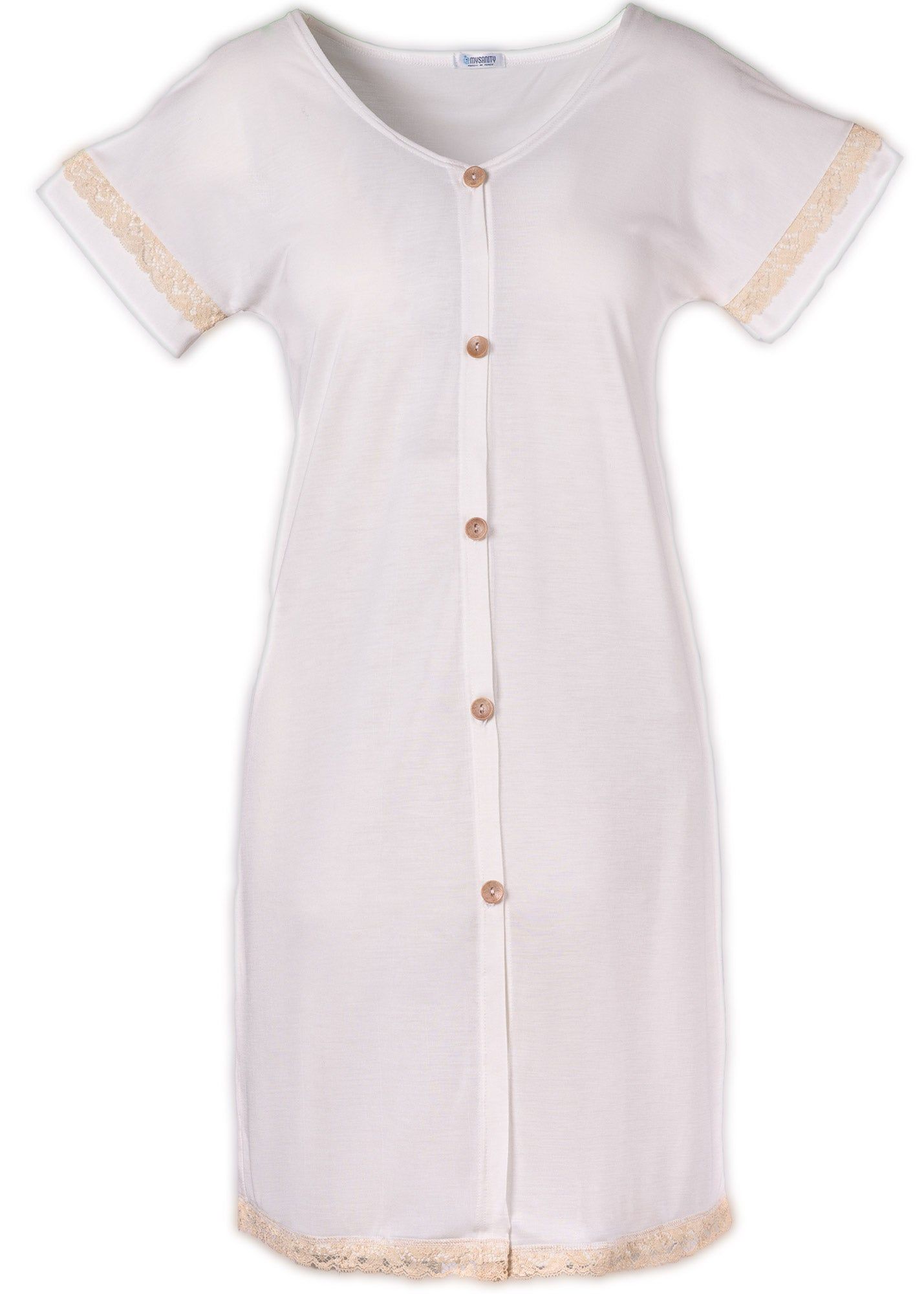 Chemise de naissance en bambou ivoire avec dentelle. Manches courtes, boutons, dentelle aux manches et à l'ourlet.