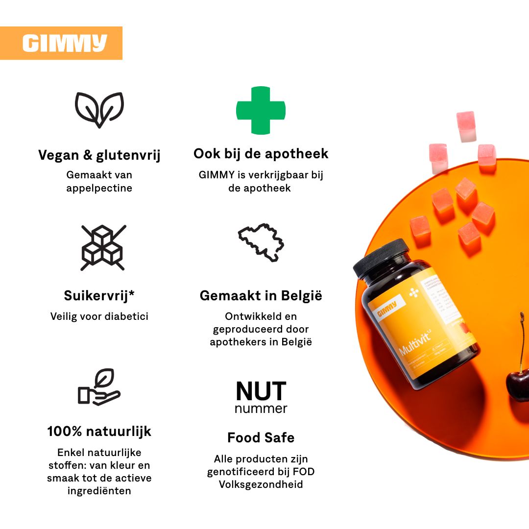 GIMMY Multivit Gummies. Tekst: Vegan, glutenvrij, suikervrij, 100% natuurlijk. Verkrijgbaar in apotheken. Gemaakt in België.