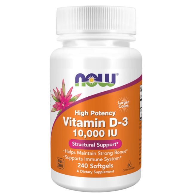 Now Foods Vitamine D-3 10000 UI Softgels, 240 unités. Mentionne "Structural Support" et "Helps Maintain Strong Bones".