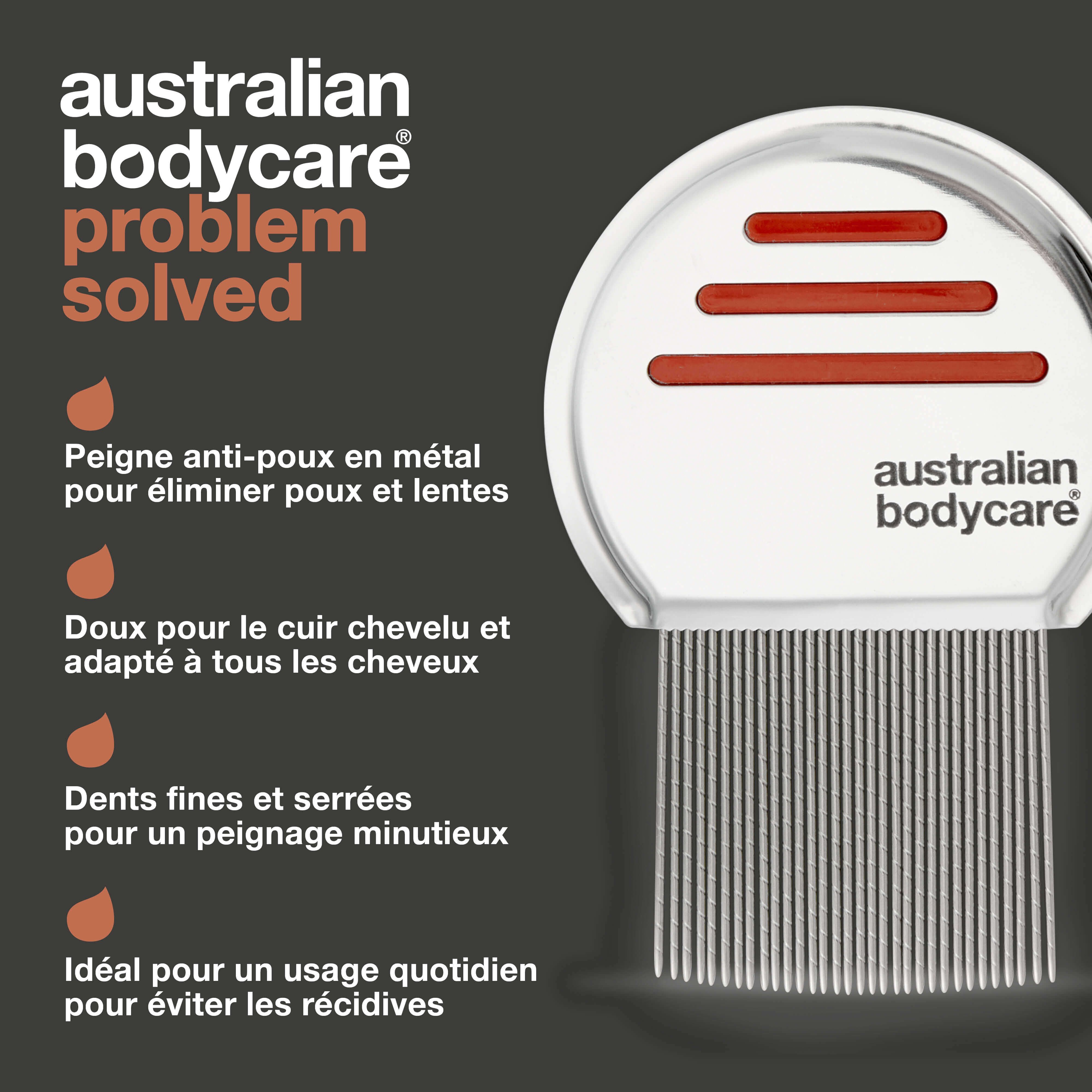 Peigne à poux avec texte : Australian Bodycare. Texte : Peigne anti-poux en métal. Doux pour le cuir chevelu.