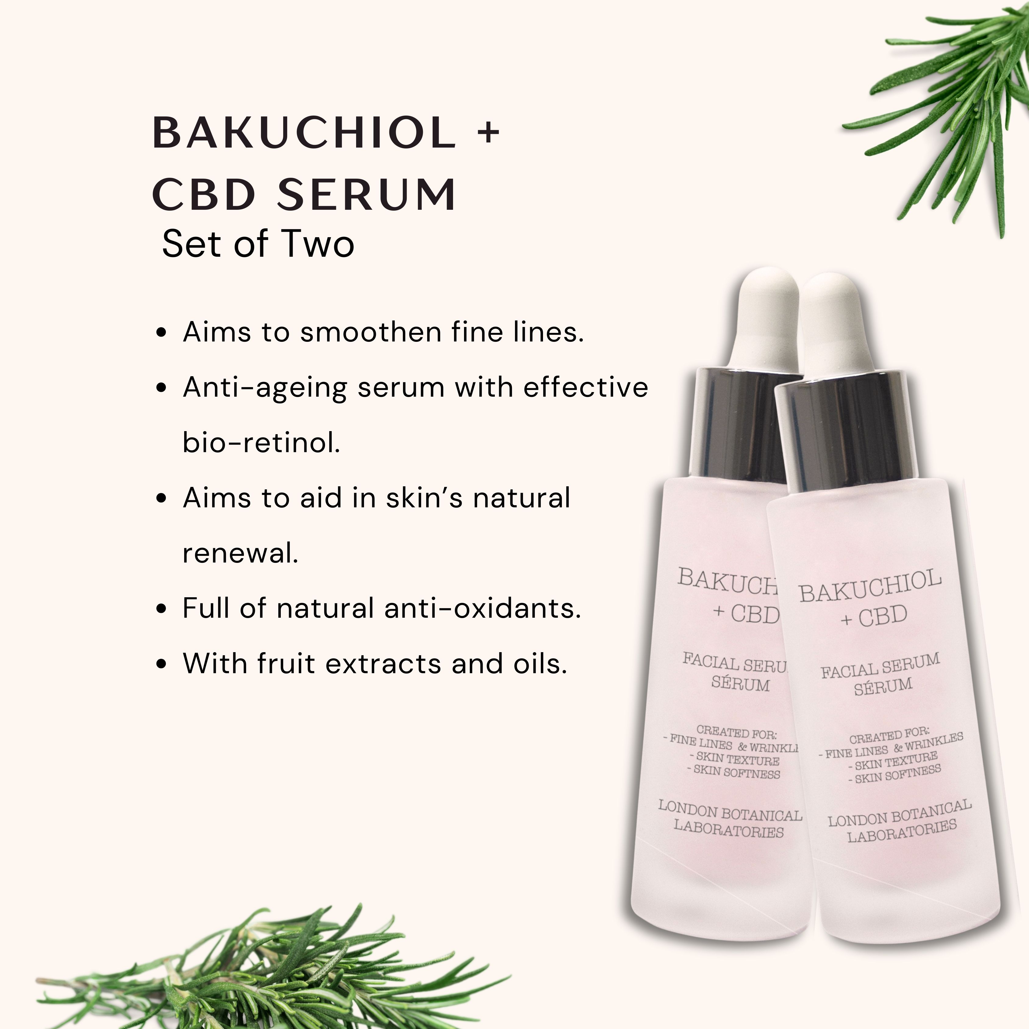 Twee serumflessen met Bakuchiol + CBD. Tekst: Set of Two. Groen in de achtergrond.
