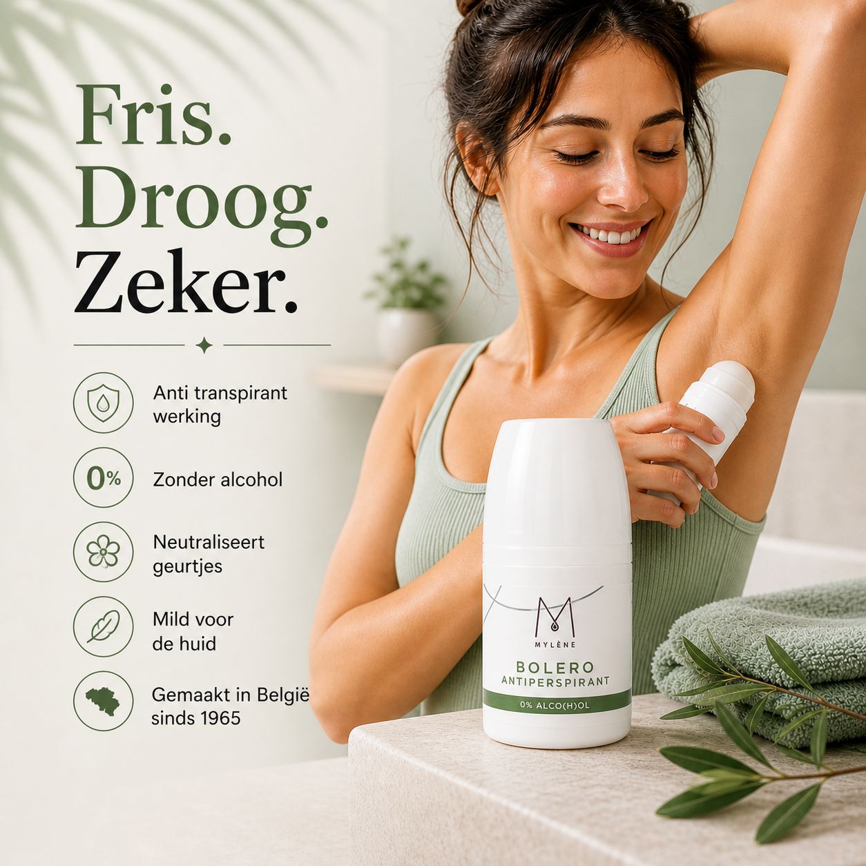 Vrouw gebruikt deodorantroller. Witte roller, tekst: Mylène, Bolero, Antitranspirant, 0% Alco(h)ol. Tekst: Anti-transpirant, zonder alcohol.