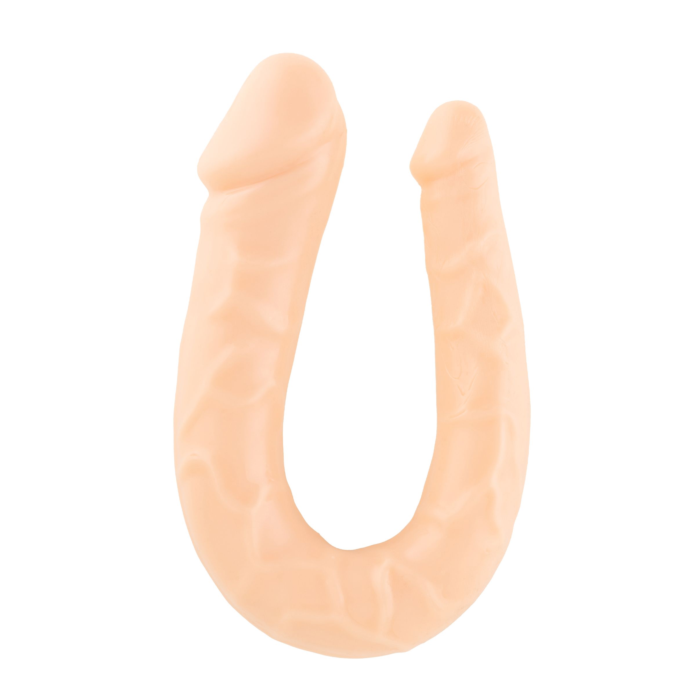 Sextoy beige en forme de U. Deux extrémités, surface cannelée. Sur fond blanc.