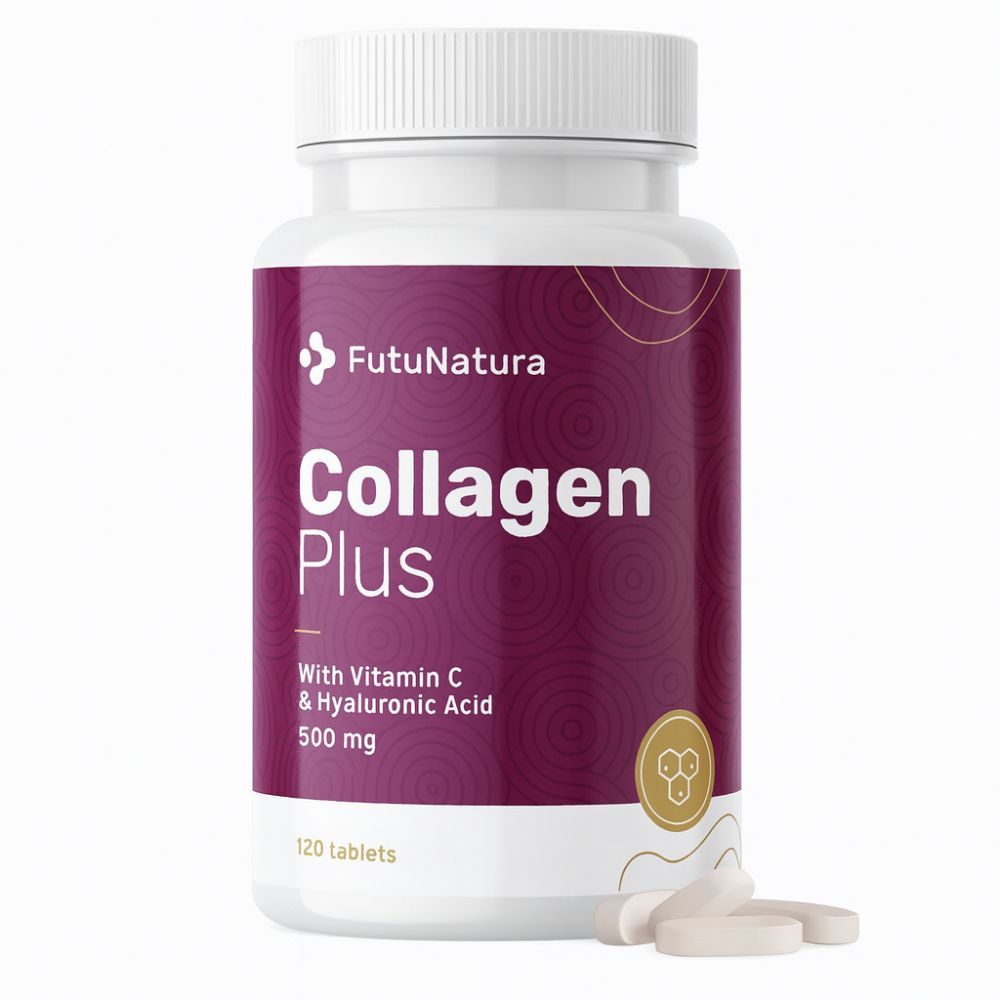 Witte tabletten naast een witte fles met paars etiket. Opschrift: Collagen Plus, Vitamine C & Hyaluronzuur, 120 tabletten.