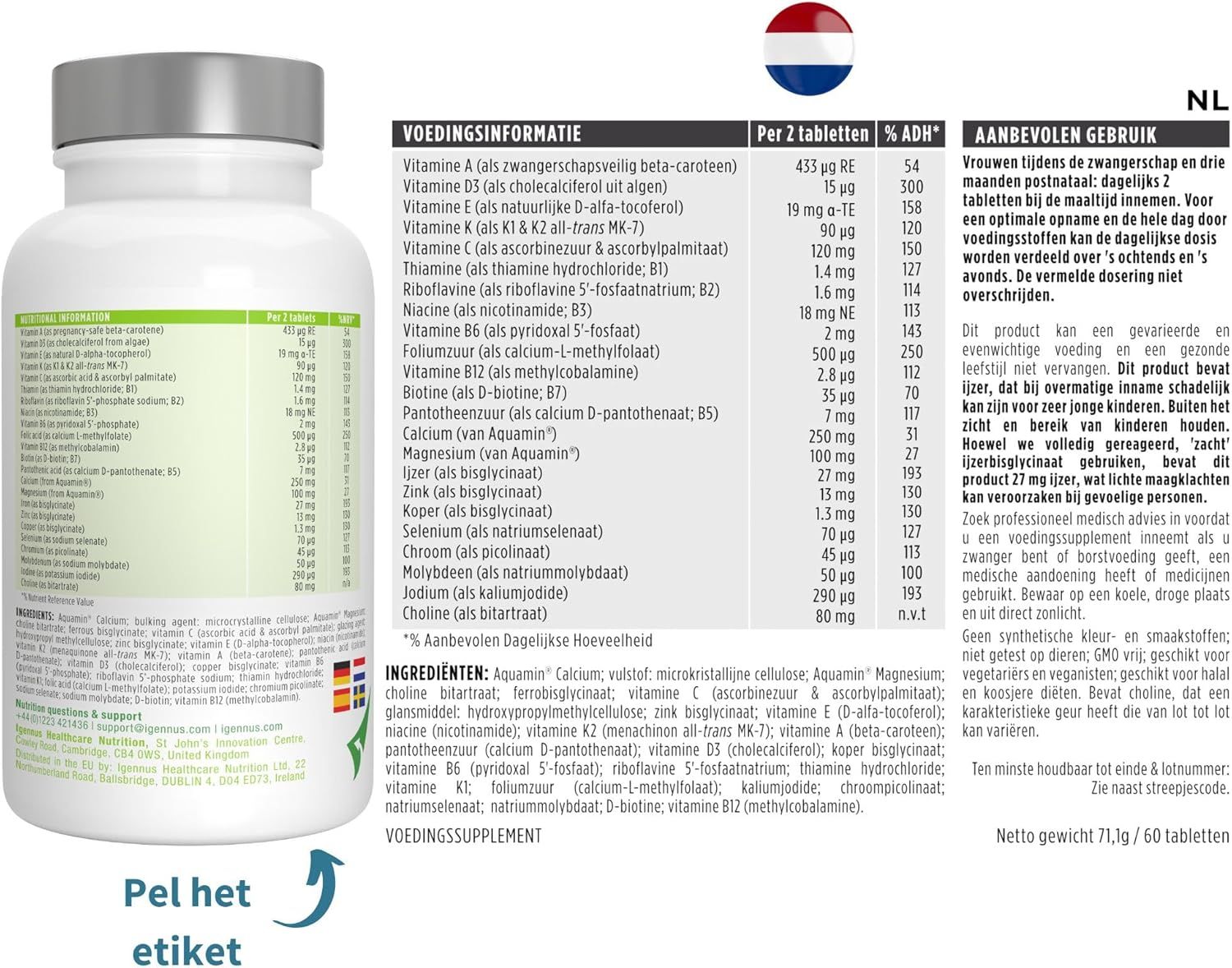 Achterkant van een Igennus Be Kind Prenatal fles met Nederlandse belettering.