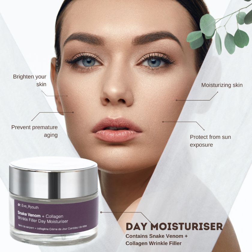 Gezicht van een vrouw met Dr. Eve_Ryouth Snake Venom + Collagen rimpelvuller dagcrème.