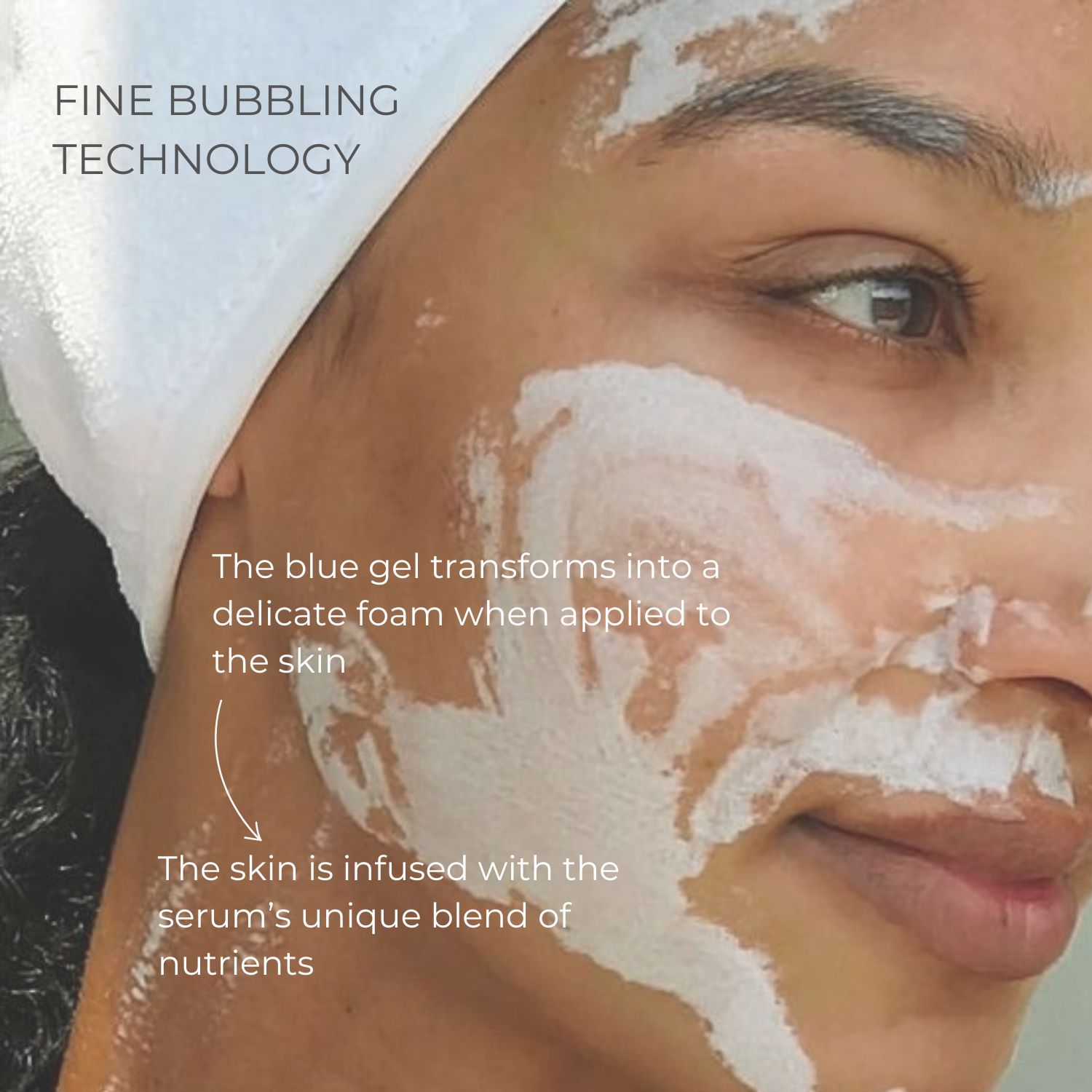 Vrouw met witte crème op haar gezicht. Tekst: Fine Bubbling Technology. Tekst: De blauwe gel verandert in schuim.