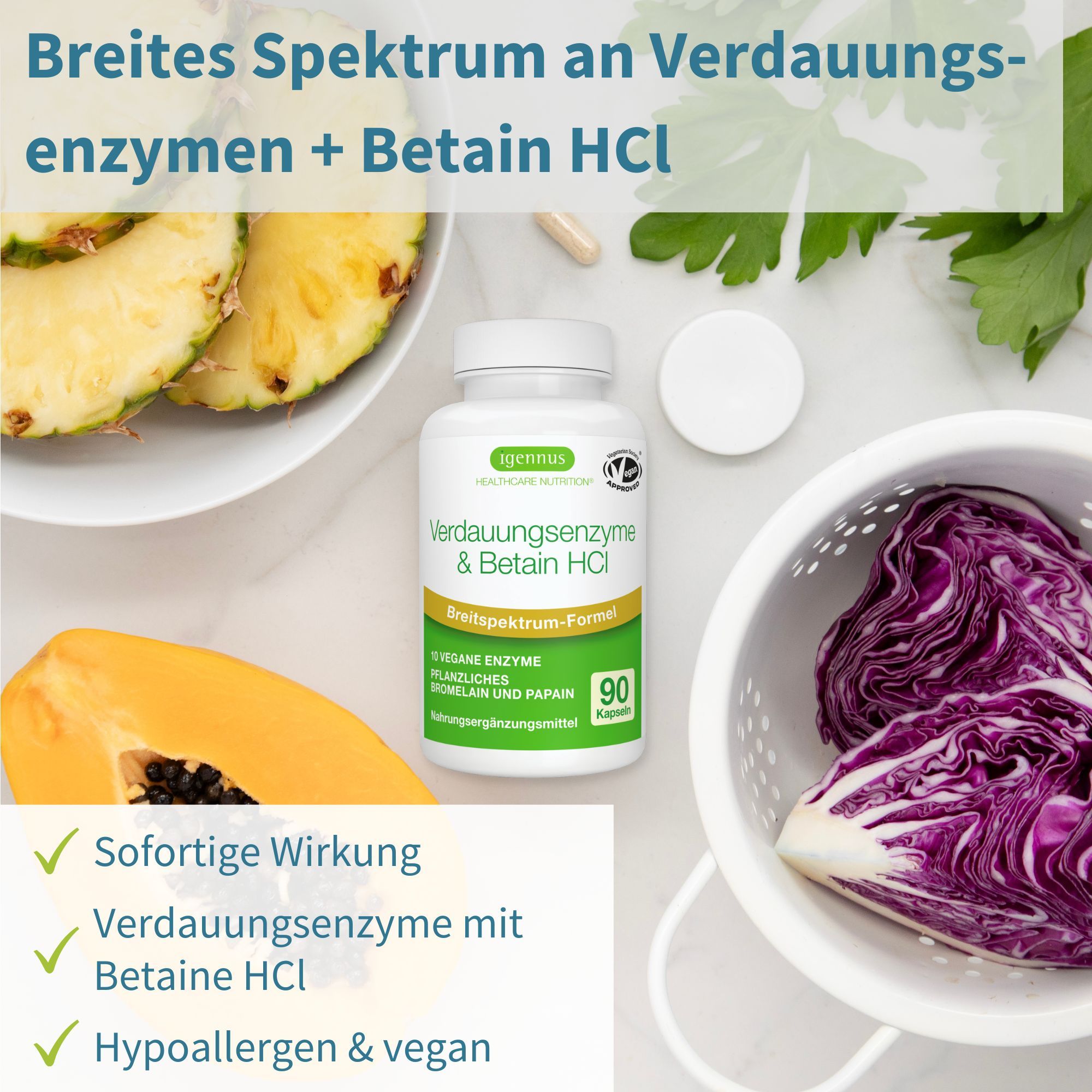 Bouteille Igennus Digestive Enzyme Complex avec ananas, papaye et chou rouge.