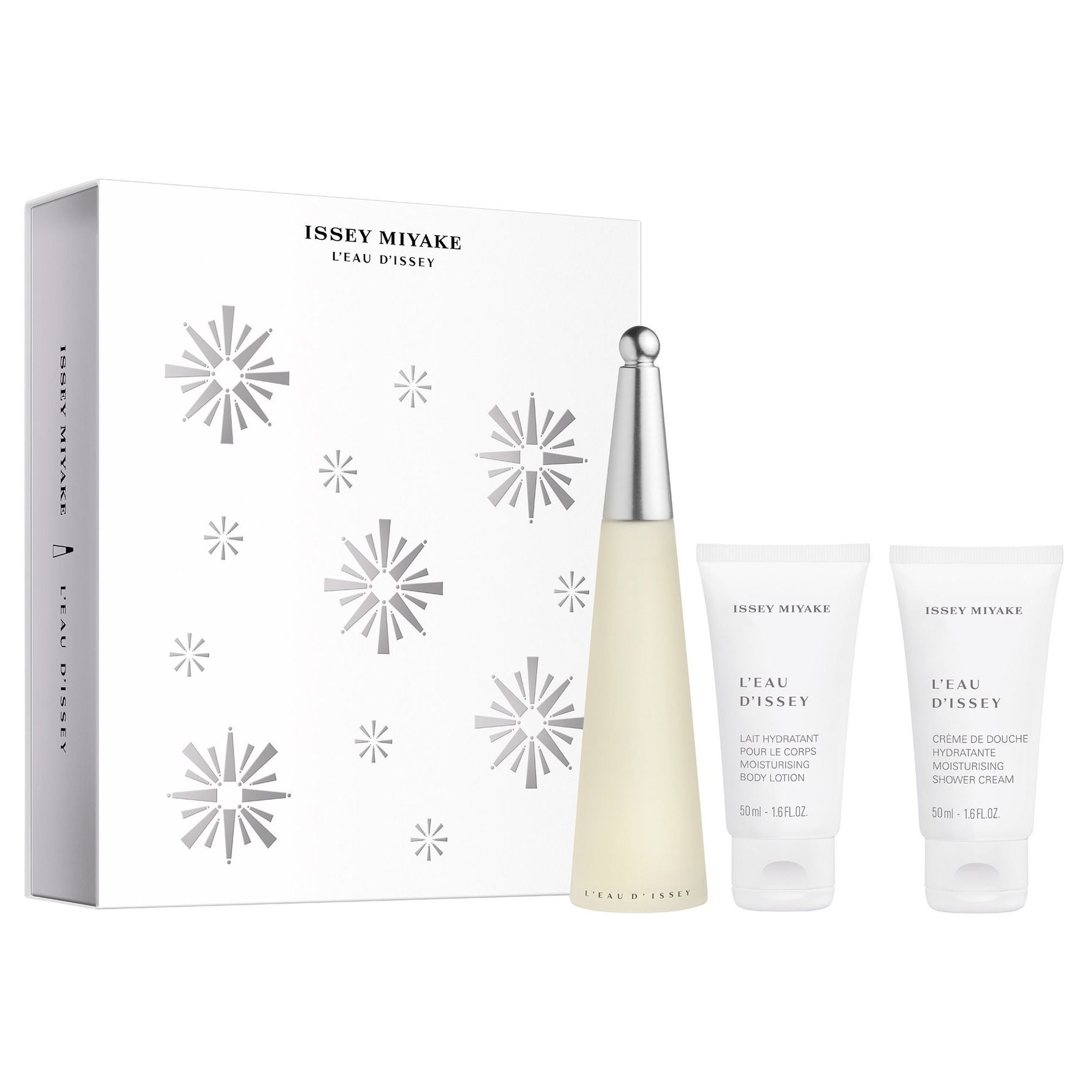 Geschenkset met fles en twee tubes. Witte doos met sneeuwvlokken. Tekst: Issey Miyake L'Eau d'Issey. Fles en tubes.