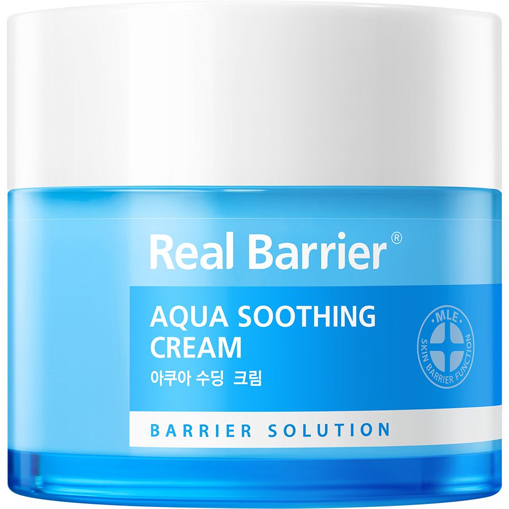 Pot de crème bleu et blanc avec l'inscription "Real Barrier Aqua Soothing Cream". Inscription en anglais et en coréen.