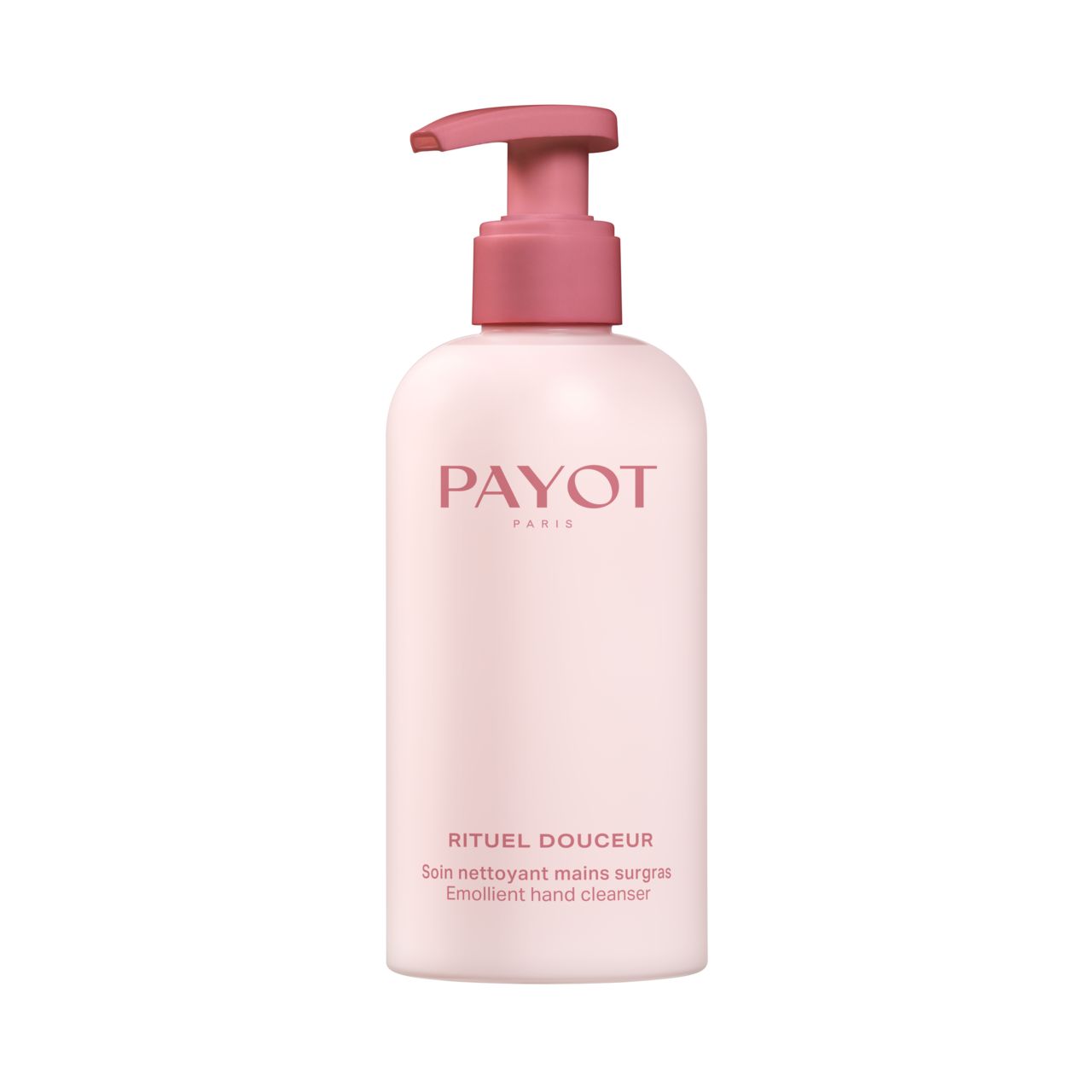 Flacon rose avec pompe doseuse. Inscription PAYOT PARIS, dessous RITUEL DOUCEUR, Soin nettoyant mains surgras, Emollient hand cleanser.