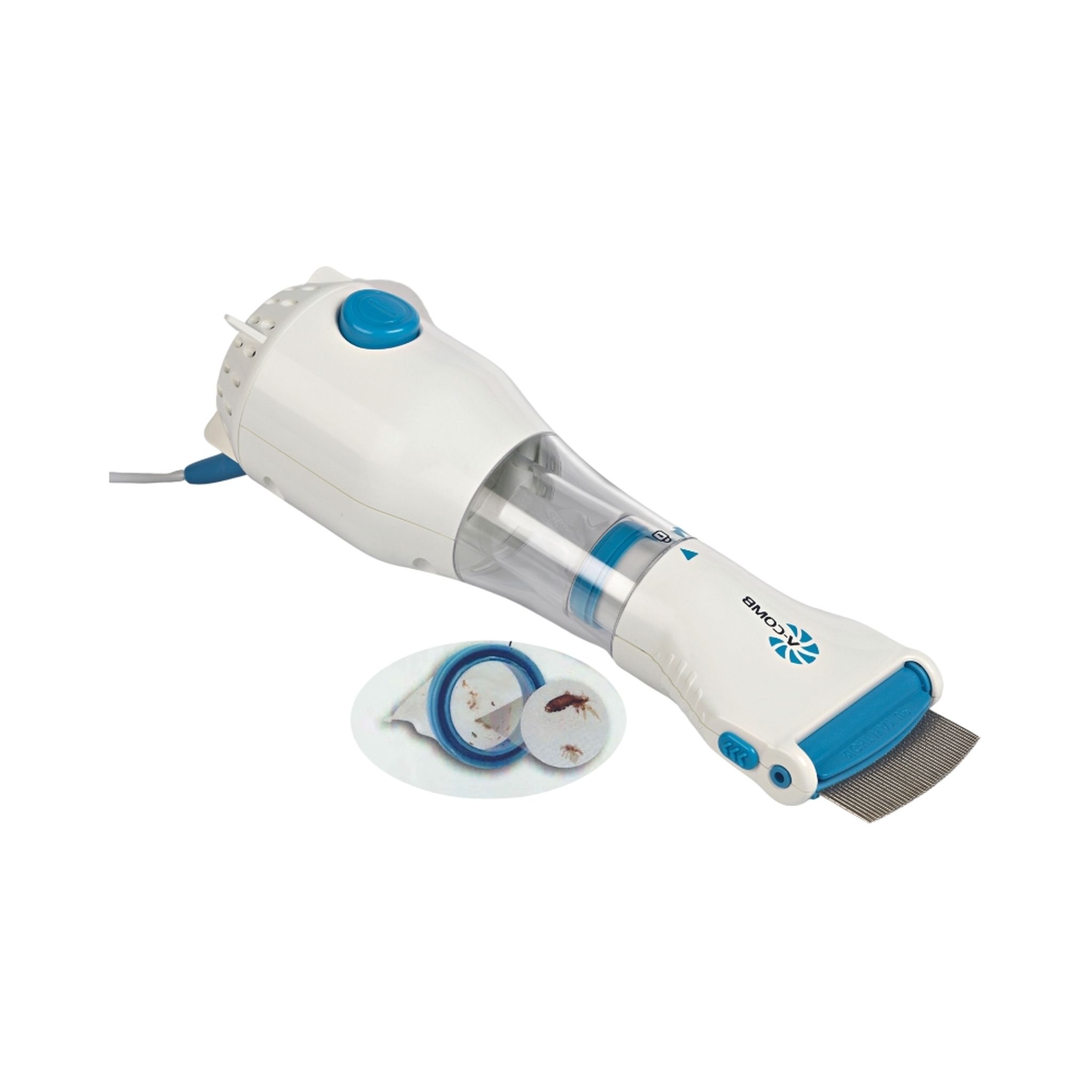 Peigne anti-poux blanc avec bouton et peigne bleus. Filtre collecteur avec poux. Logo V-Comb.
