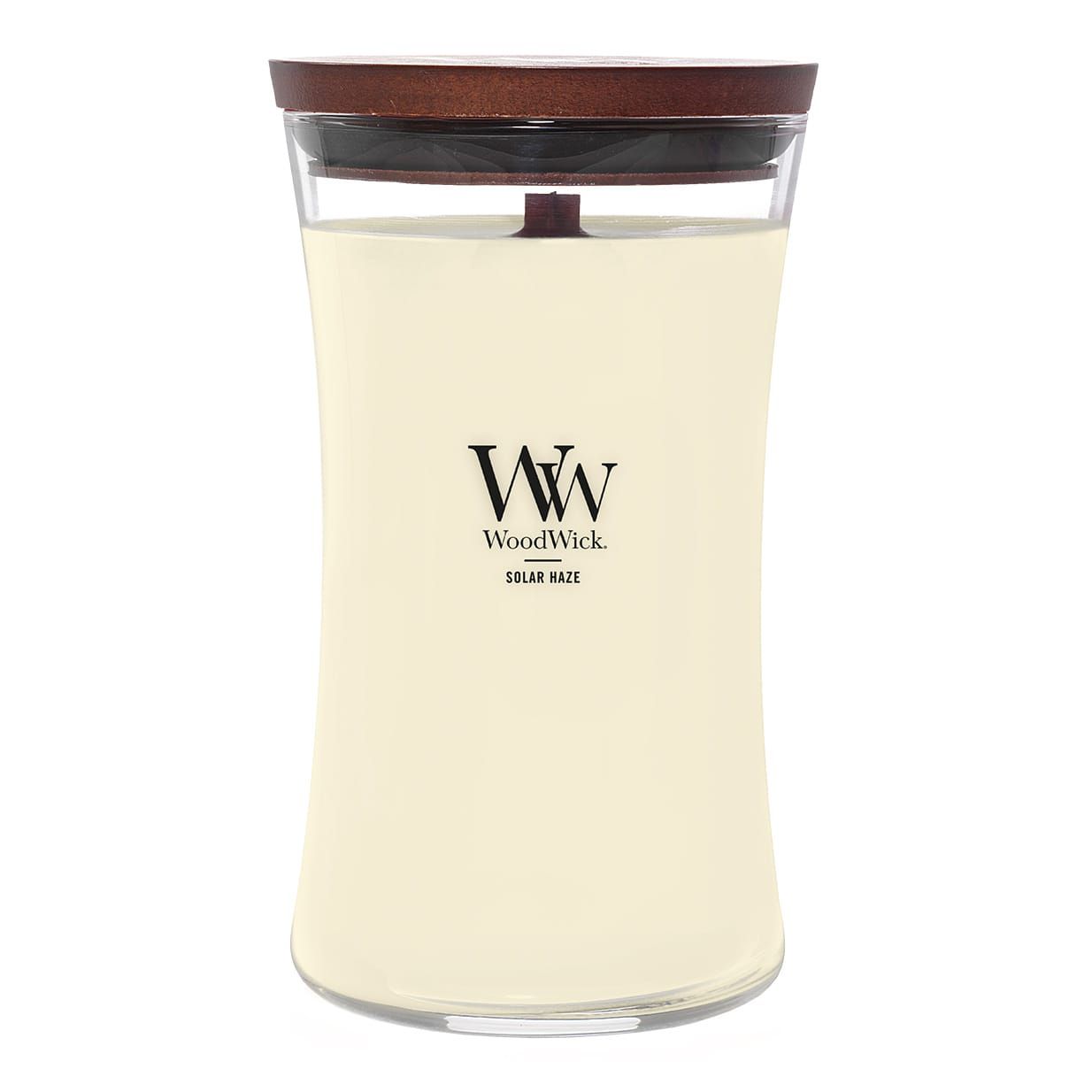 Bougie avec couvercle. Logo WoodWick et nom du produit Solar Haze. Récipient en verre avec couvercle en bois.