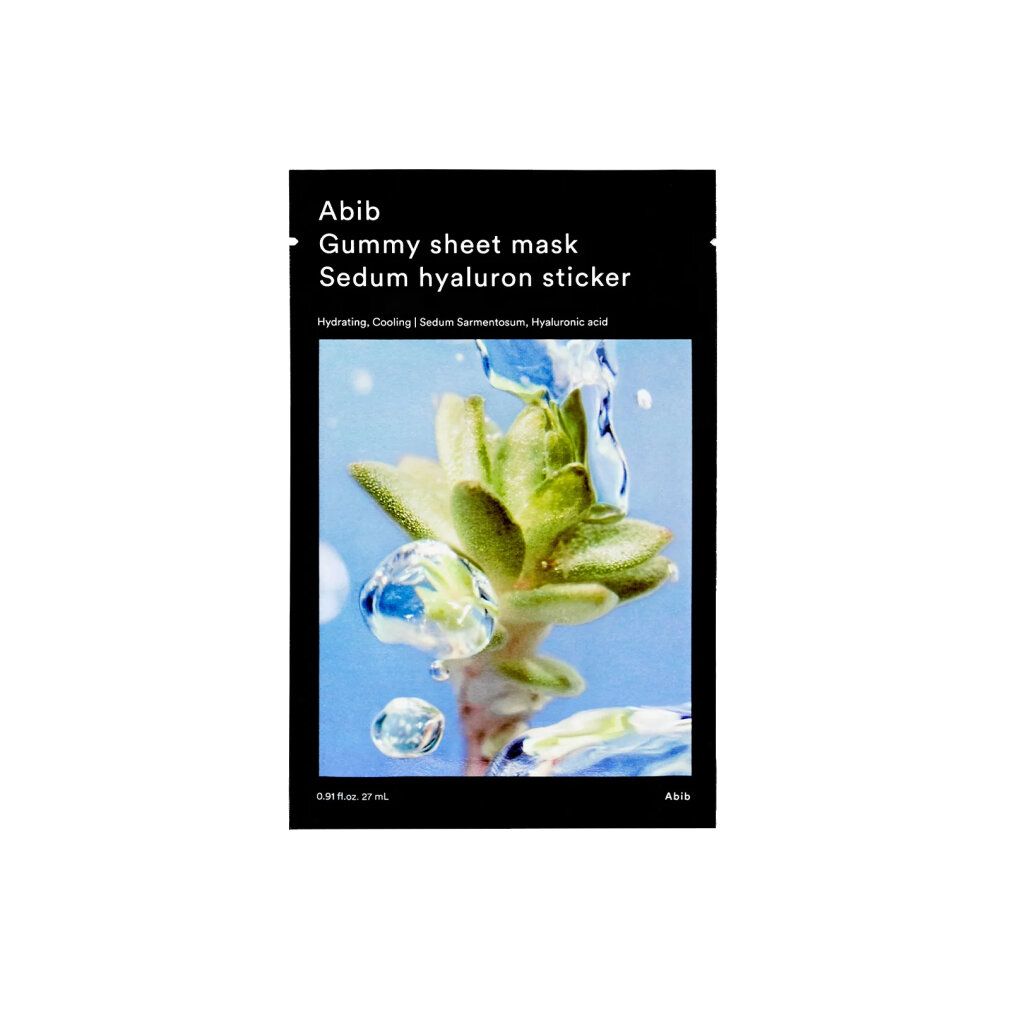 Pack Abib Gummy Sheet Mask Sedum Hyaluron Sticker avec plante et gouttes d'eau.