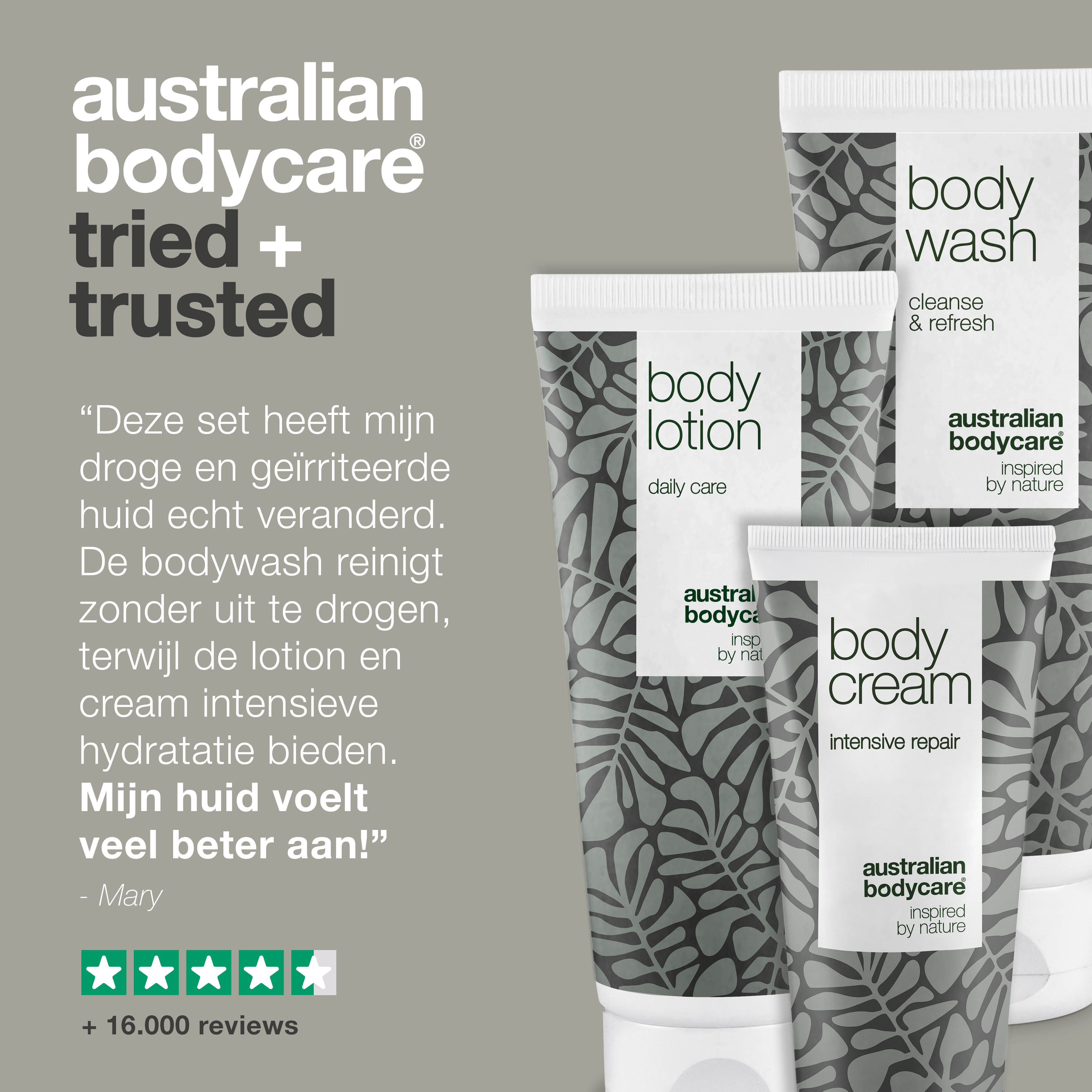 Australian Bodycare. Producten: Body Lotion, Body Wash, Body Cream. Tekst: +16.000 beoordelingen. 5 sterren.