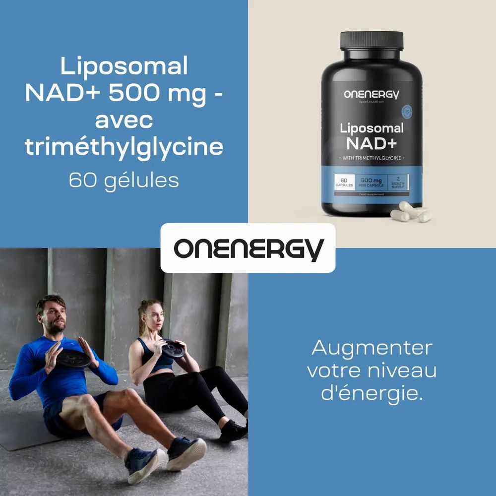 Couple s'entraînant. Flacon avec capsules. Texte : NAD+ liposomal avec triméthylglycine, 60 gélules. Énergie.