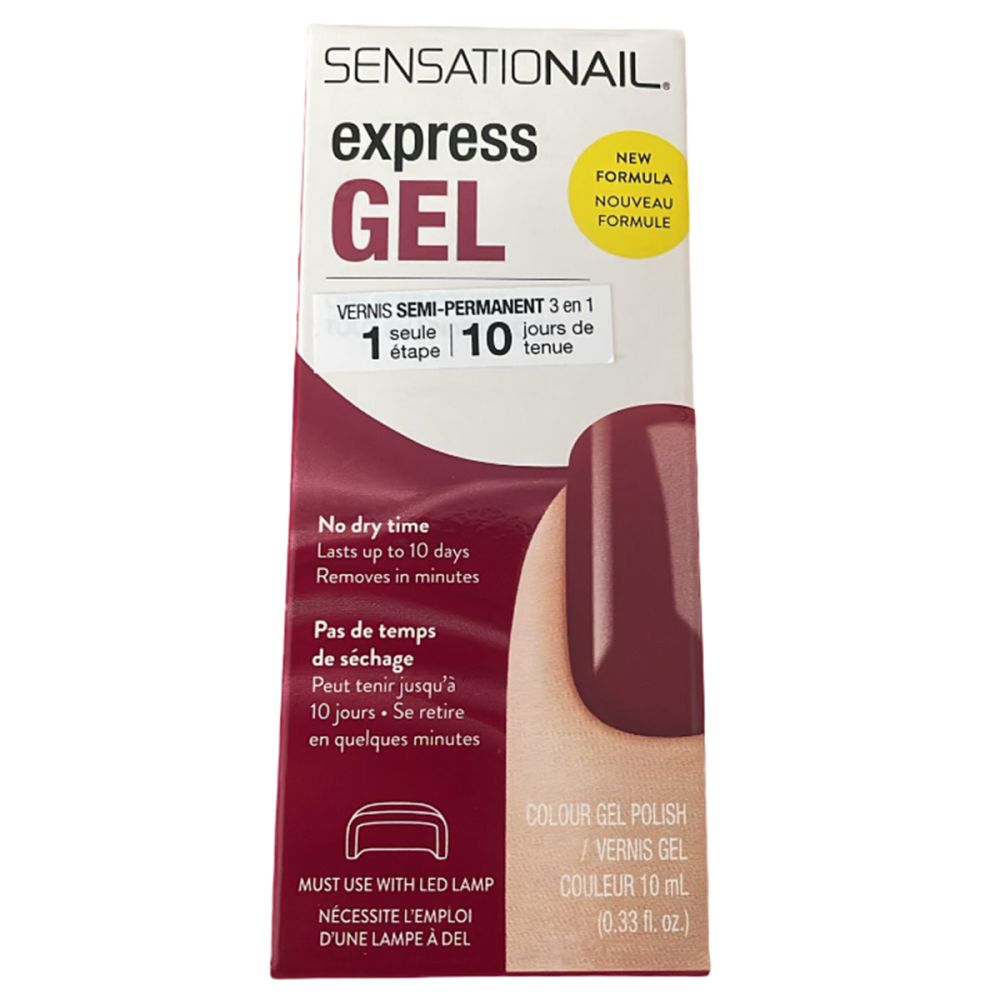 Vernis gel Sensationail Express. Boîte avec illustration du produit. Couleur: rouge foncé. Texte: '10 jours de tenue'. Nécessite une lampe LED.